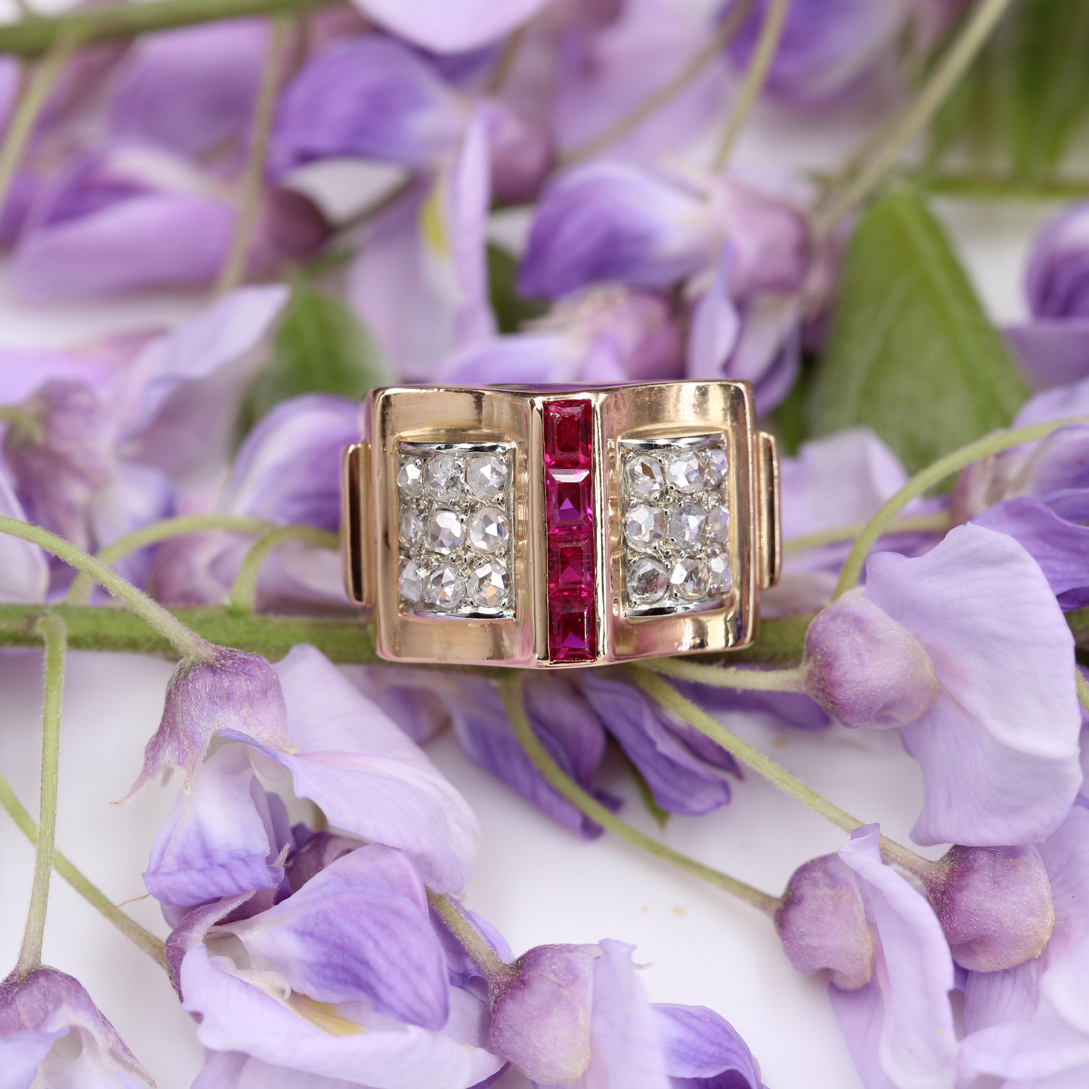 Retro French 1940s Calibrated Rubies Diamonds 18 Karat Rose Gold Tank Ring For Sale