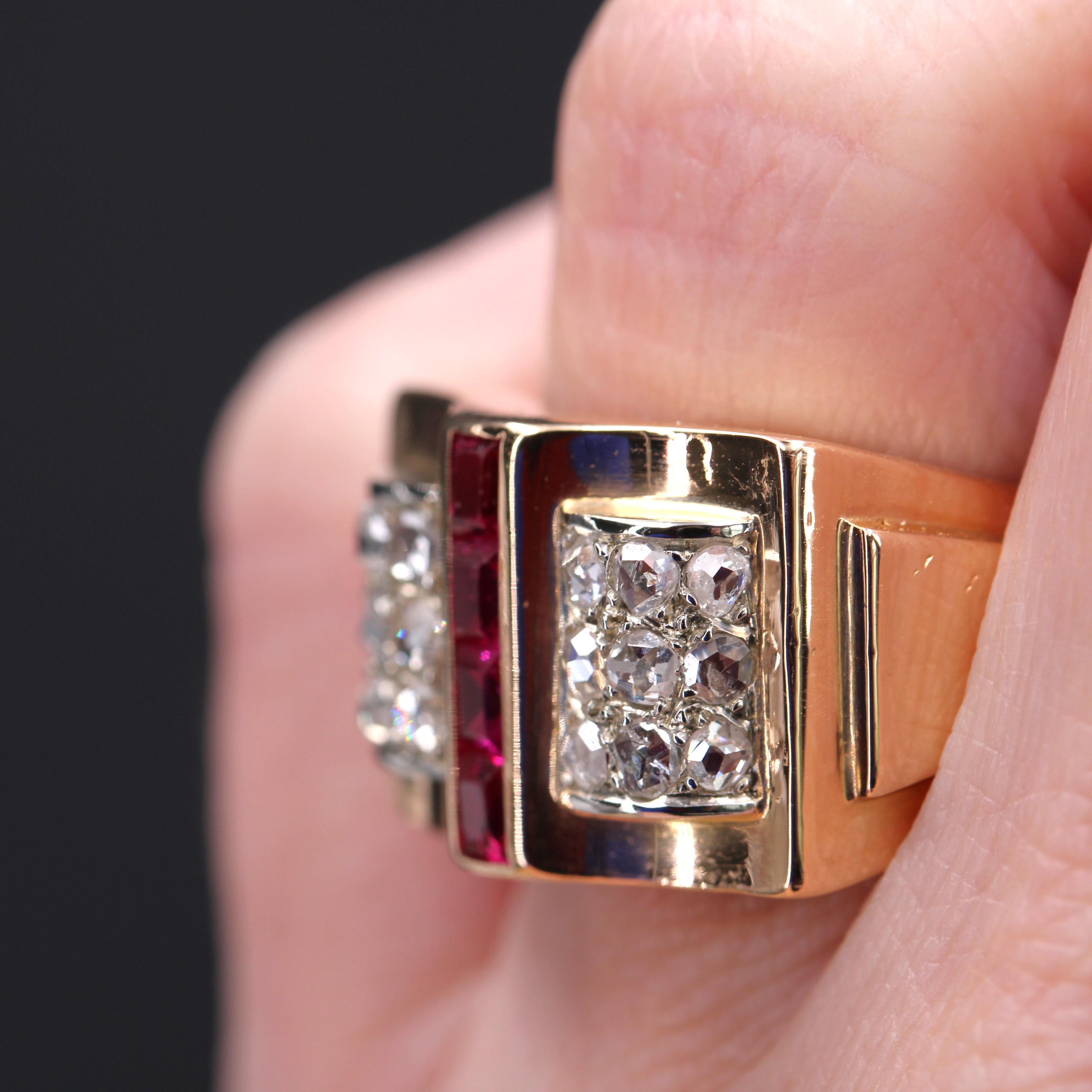 French 1940s Calibrated Rubies Diamonds 18 Karat Rose Gold Tank Ring For Sale 2