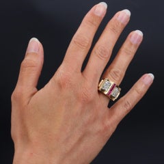 French 1940s Calibrated Rubies Diamonds 18 Karat Rose Gold Tank Ring