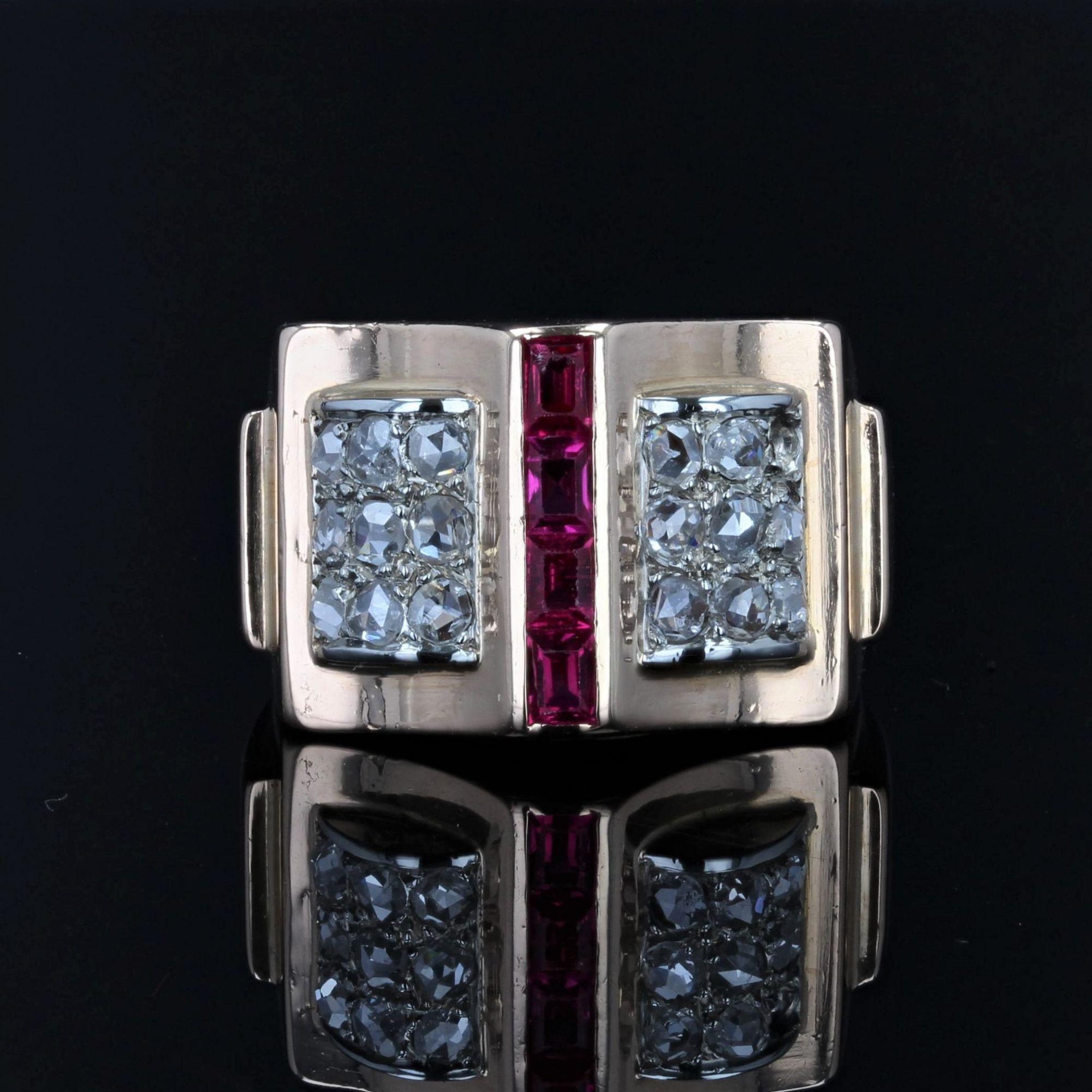 Rose Cut French 1940s Calibrated Rubies Diamonds 18 Karat Rose Gold Tank Ring For Sale