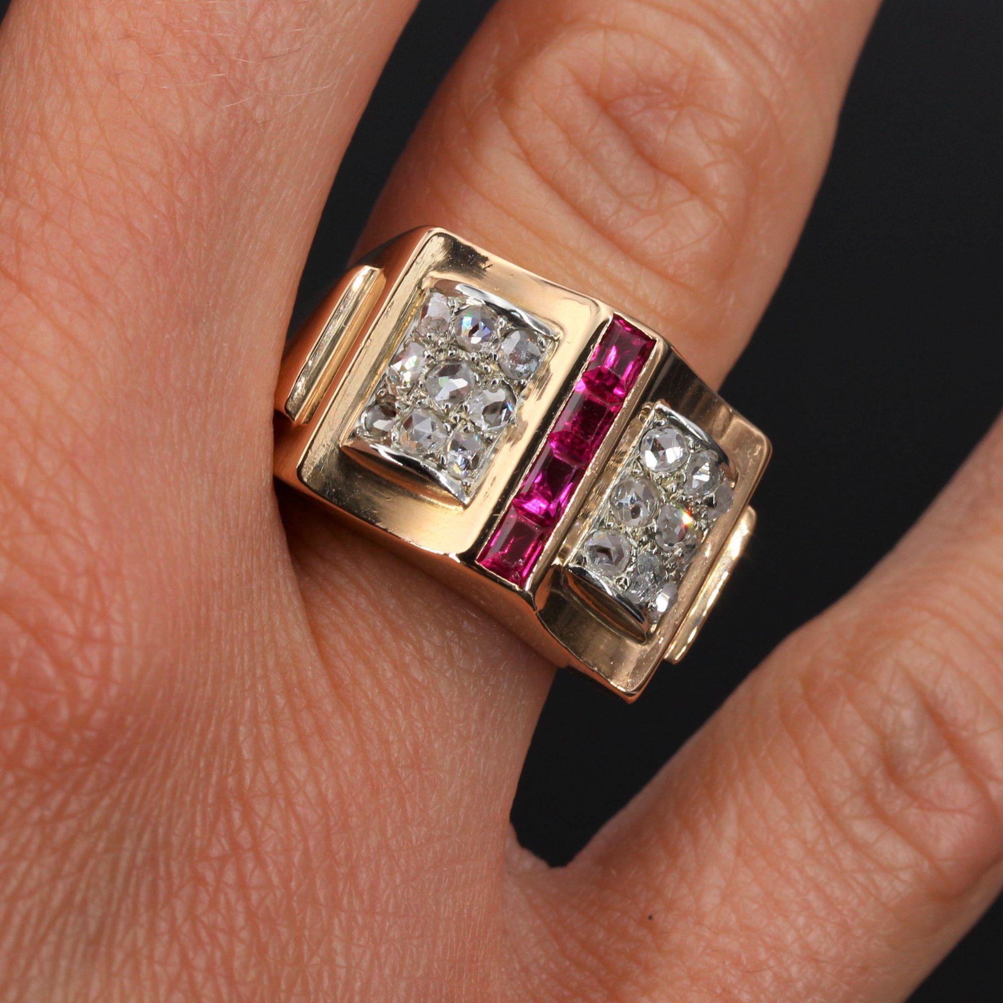 Women's French 1940s Calibrated Rubies Diamonds 18 Karat Rose Gold Tank Ring For Sale