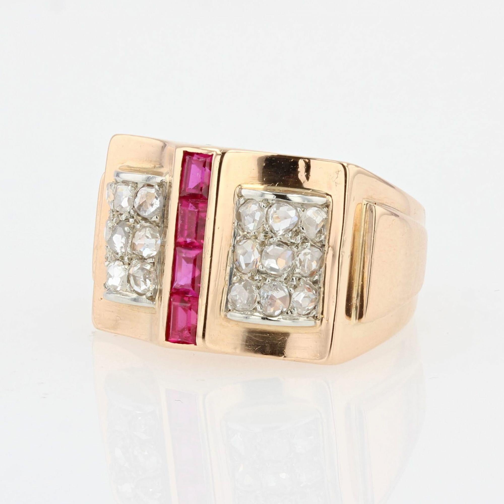 French 1940s Calibrated Rubies Diamonds 18 Karat Rose Gold Tank Ring For Sale 1