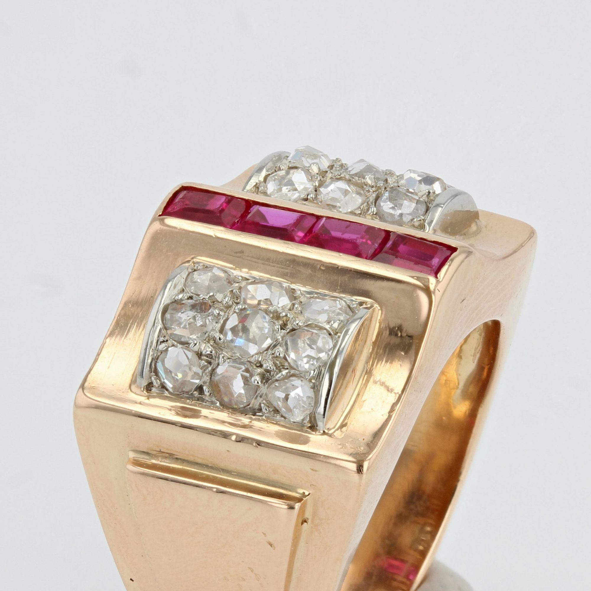 French 1940s Calibrated Rubies Diamonds 18 Karat Rose Gold Tank Ring For Sale 3