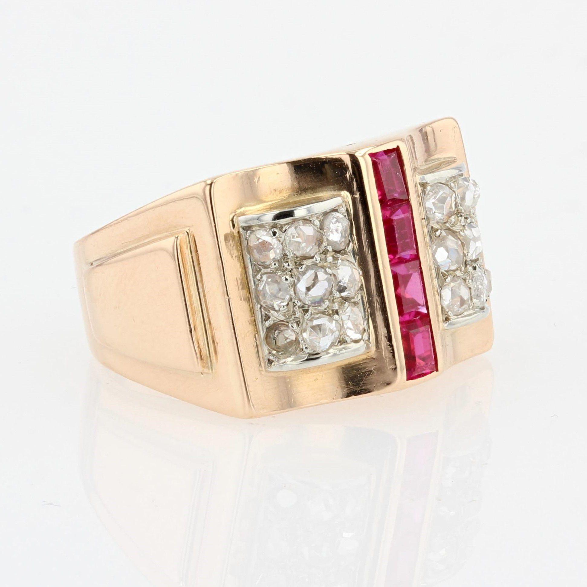 French 1940s Calibrated Rubies Diamonds 18 Karat Rose Gold Tank Ring For Sale 5