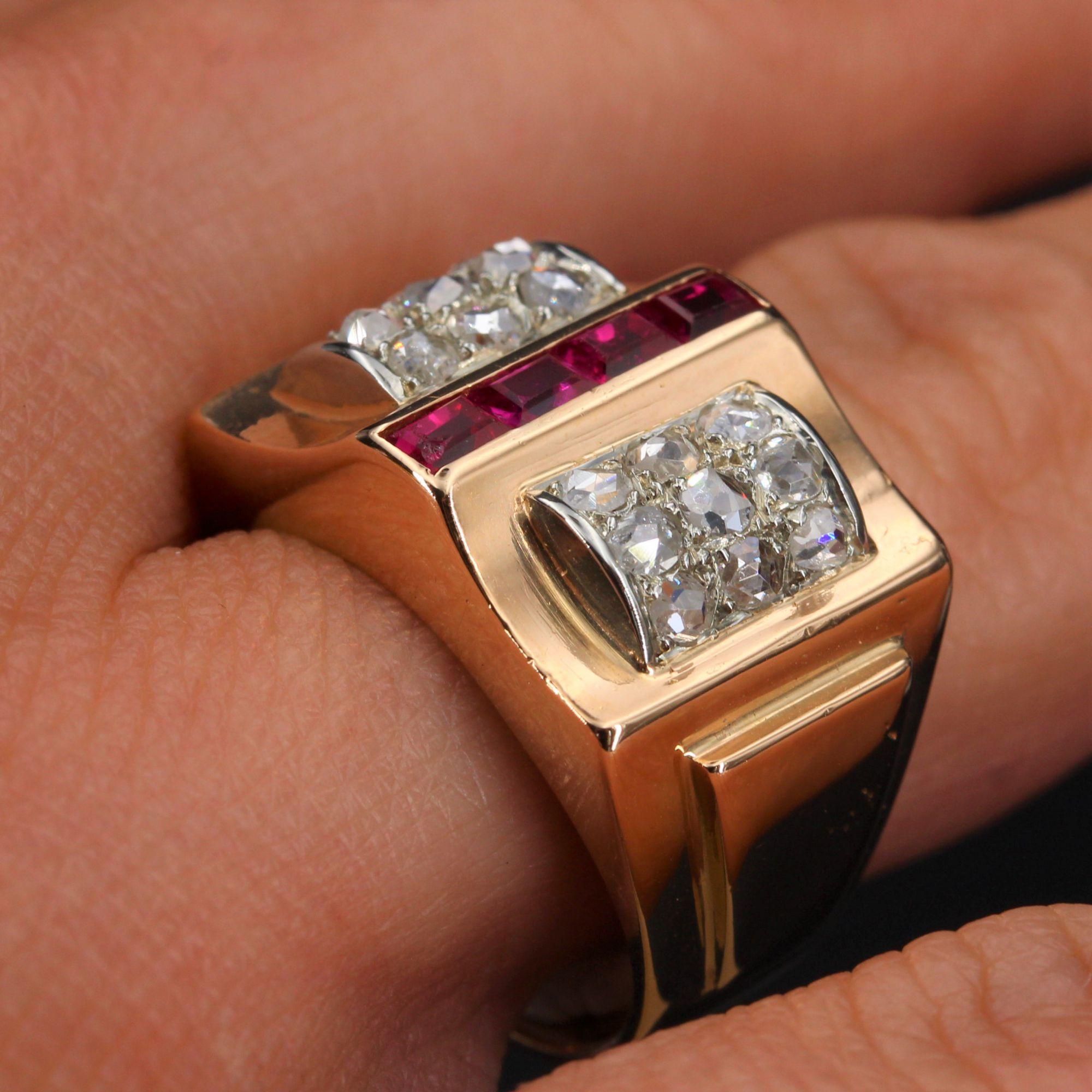 French 1940s Calibrated Rubies Diamonds 18 Karat Rose Gold Tank Ring For Sale 6
