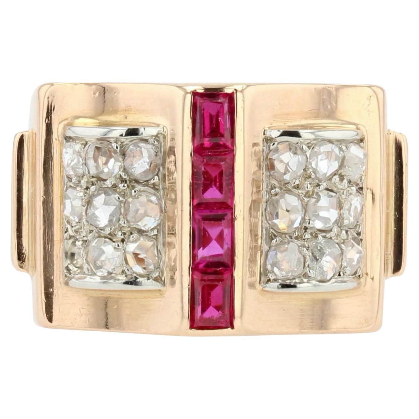 French 1940s Calibrated Rubies Diamonds 18 Karat Rose Gold Tank Ring