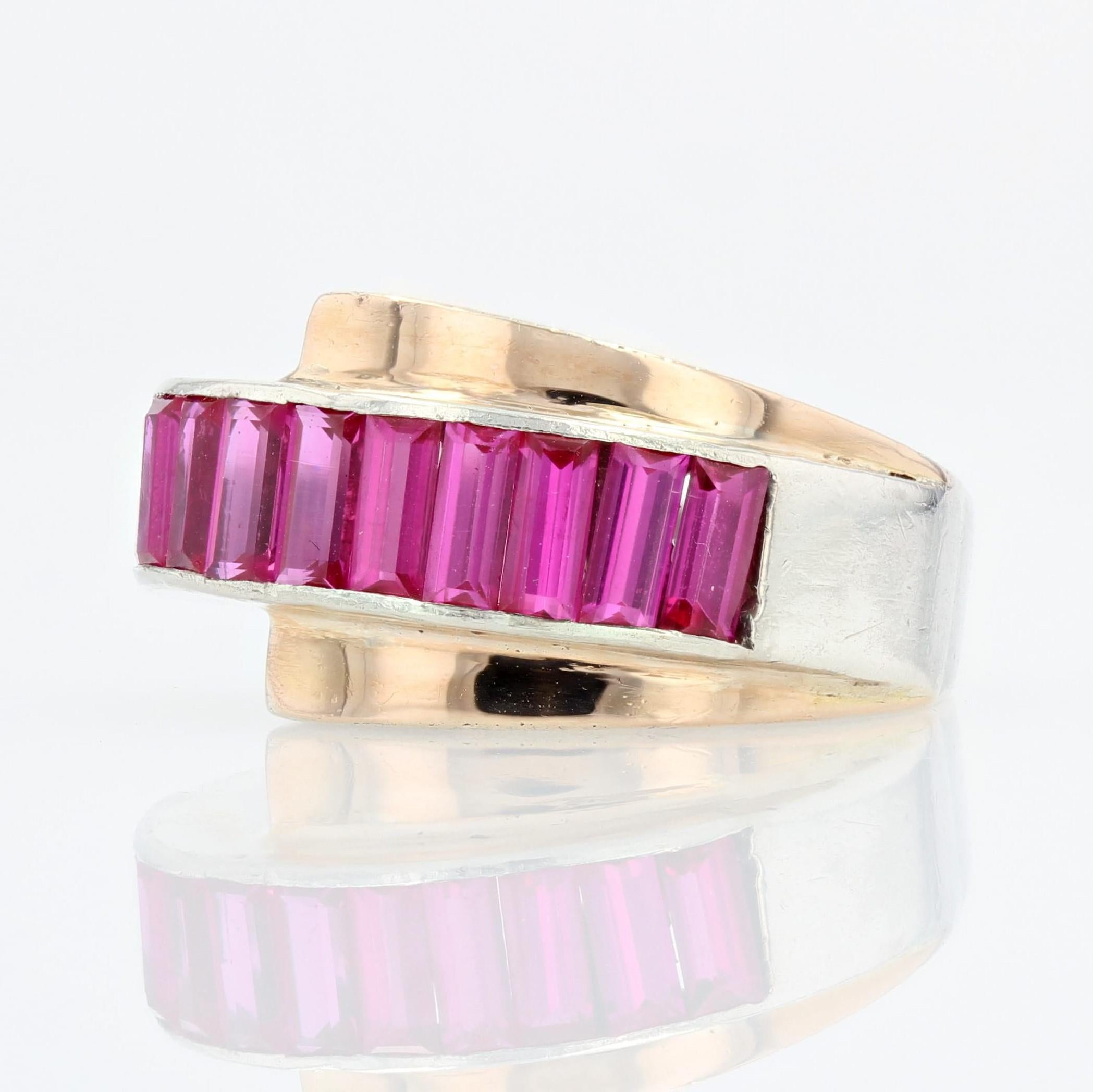 Retro French 1940s Calibrated Synthetic Rubies Silver Tank Ring