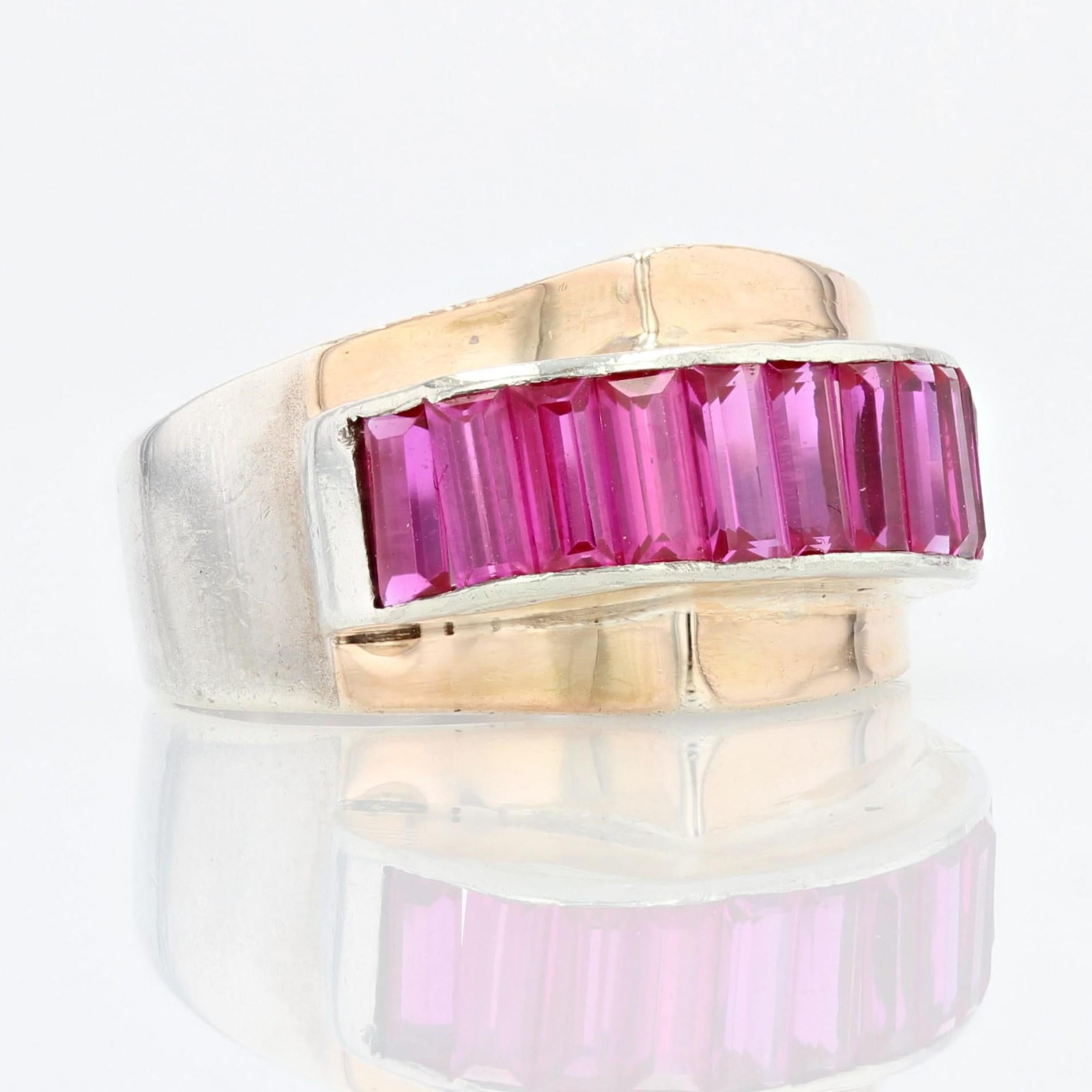 French 1940s Calibrated Synthetic Rubies Silver Tank Ring In Good Condition In Poitiers, FR
