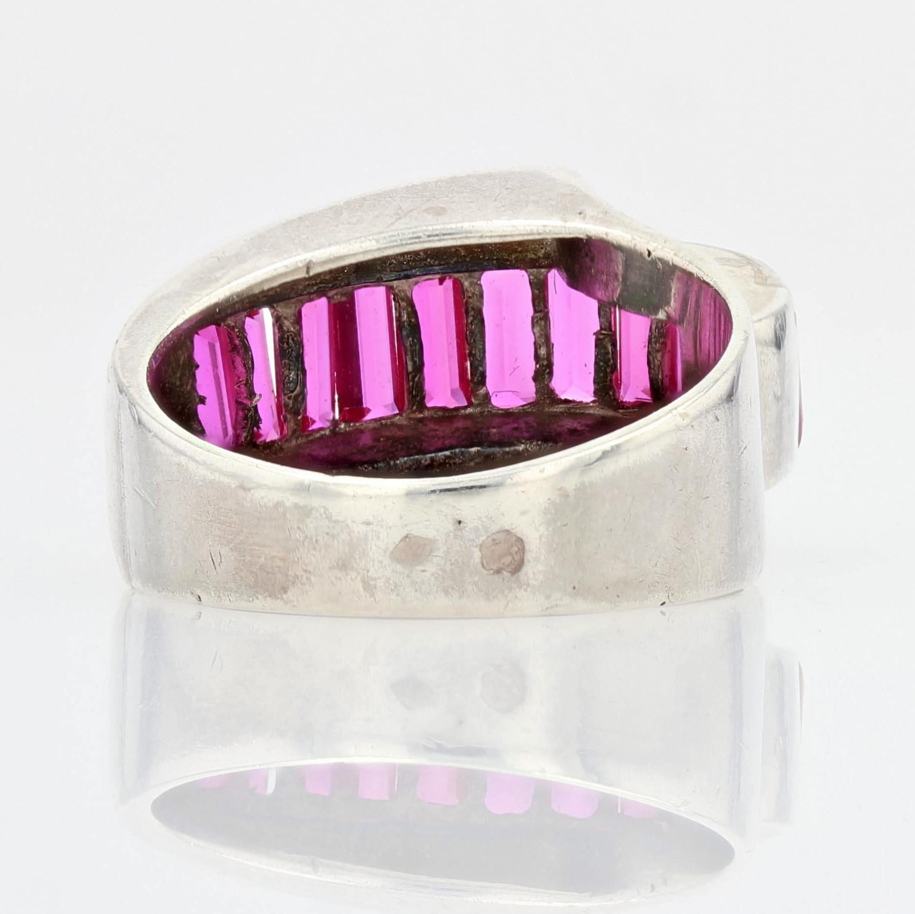French 1940s Calibrated Synthetic Rubies Silver Tank Ring 1