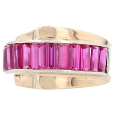 French 1940s Calibrated Synthetic Rubies Silver Tank Ring