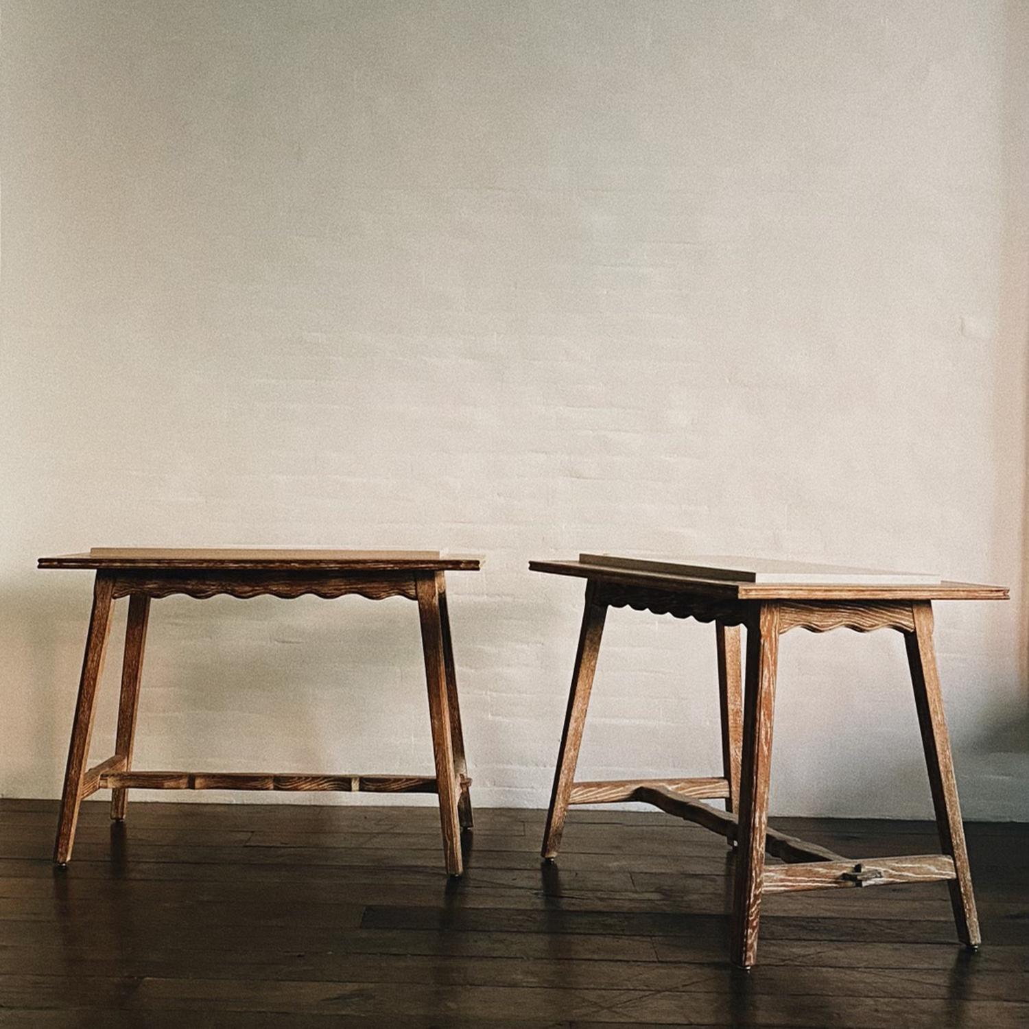 French Provincial French 1940's Cerused Oak and Stone Top Scalloped Tables