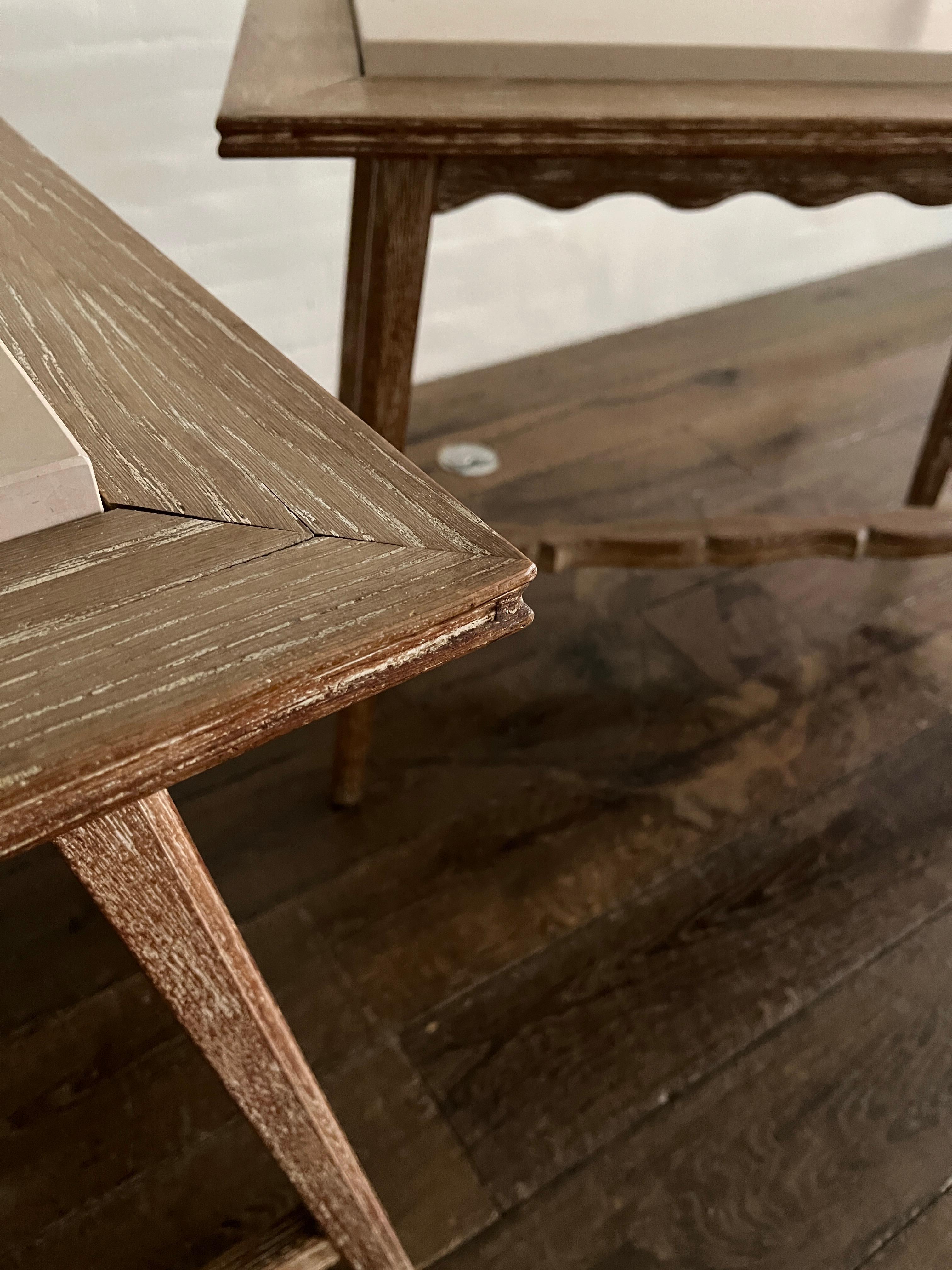 Mid-20th Century French 1940's Cerused Oak and Stone Top Scalloped Tables