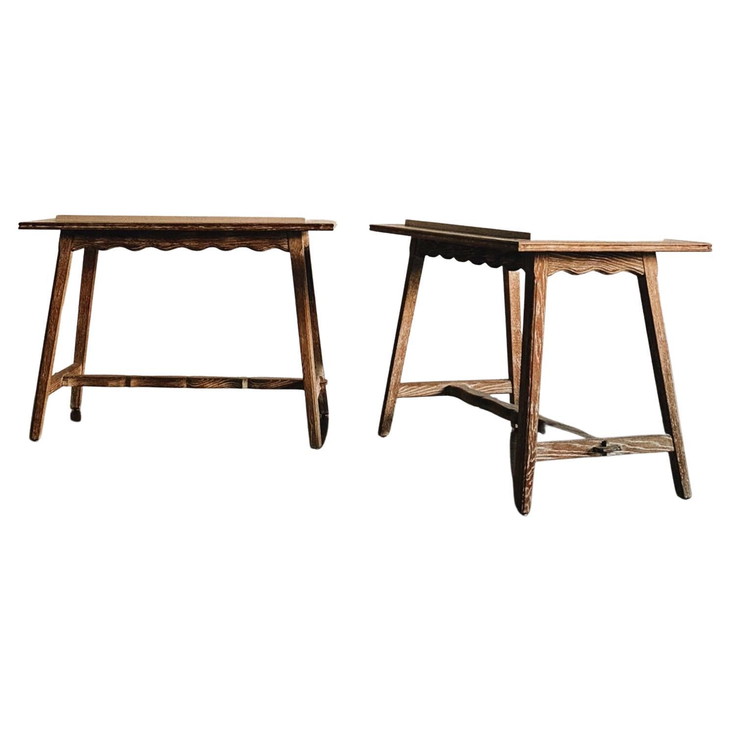French 1940's Cerused Oak and Stone Top Scalloped Tables