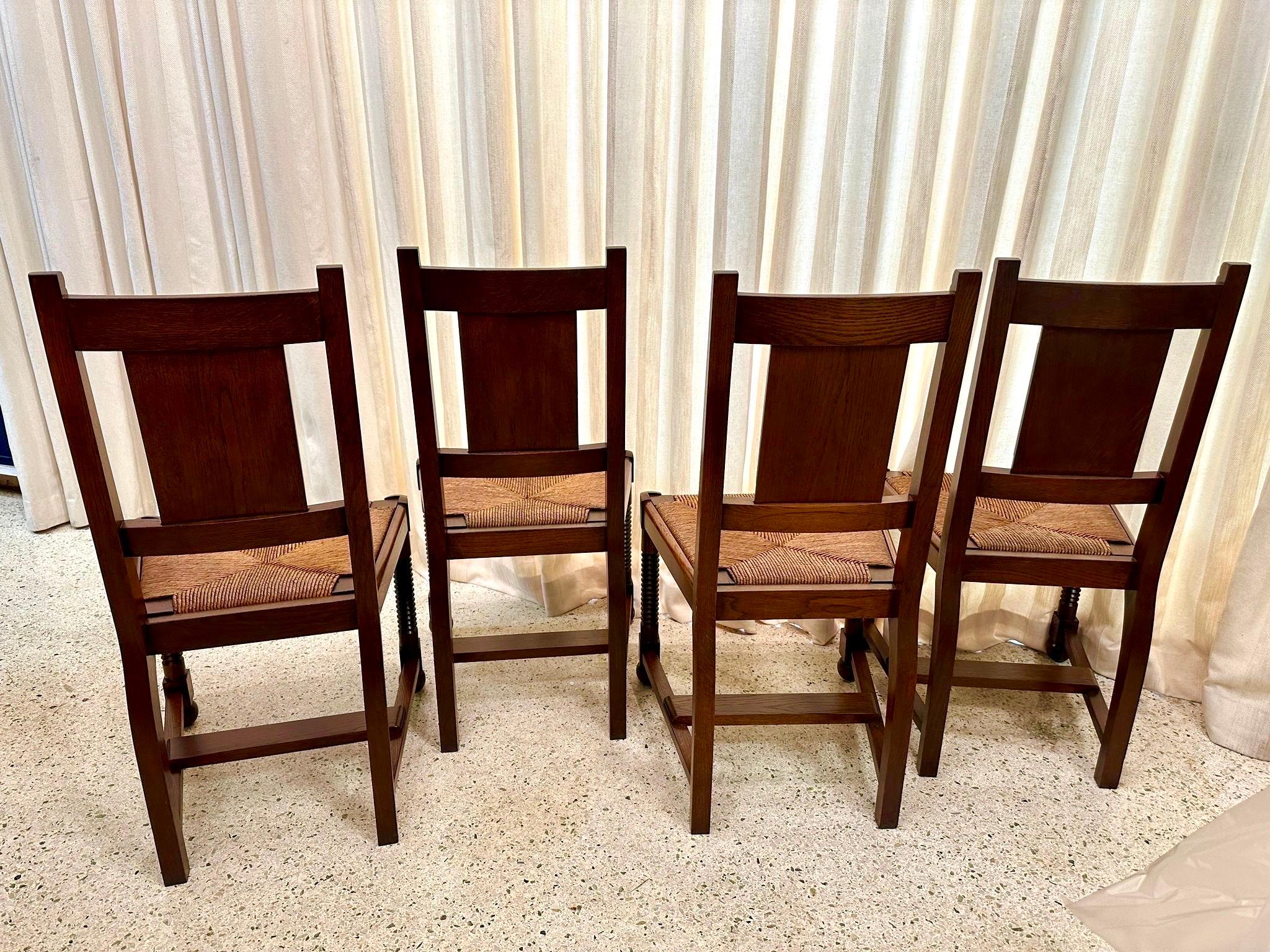 French 1940's Charles Dudouyt Oak & Rush Dining Chairs - Set of 4 For Sale 5