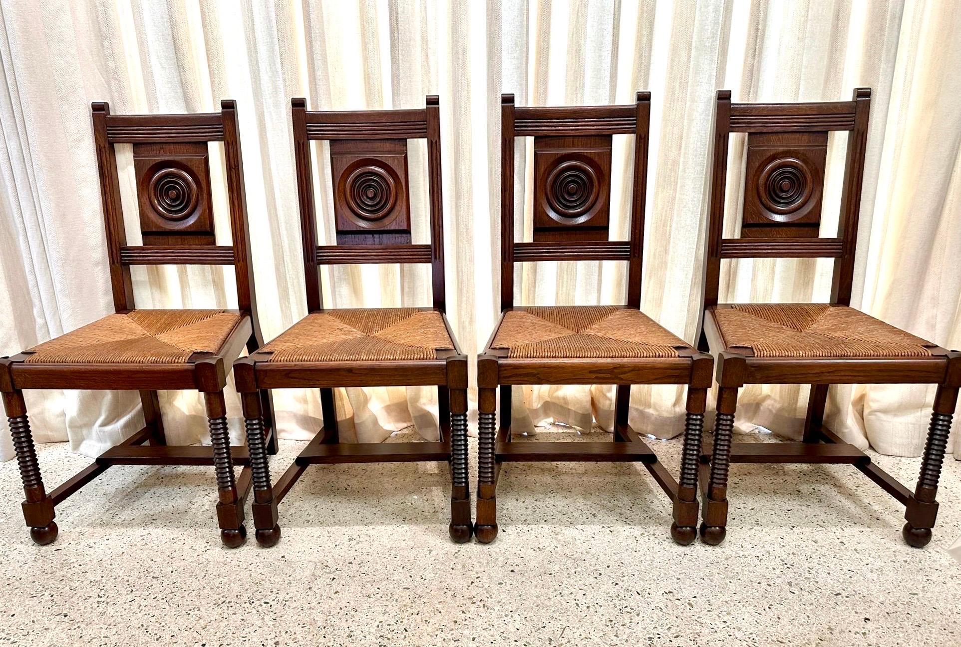 French 1940's Charles Dudouyt Oak & Rush Dining Chairs - Set of 4 For Sale 6