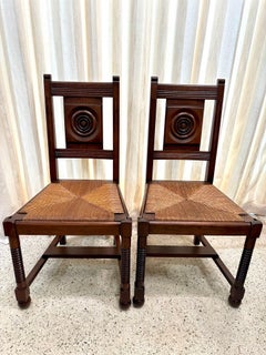 French 1940's Charles Dudouyt Oak & Rush Dining Chairs - Set of 4