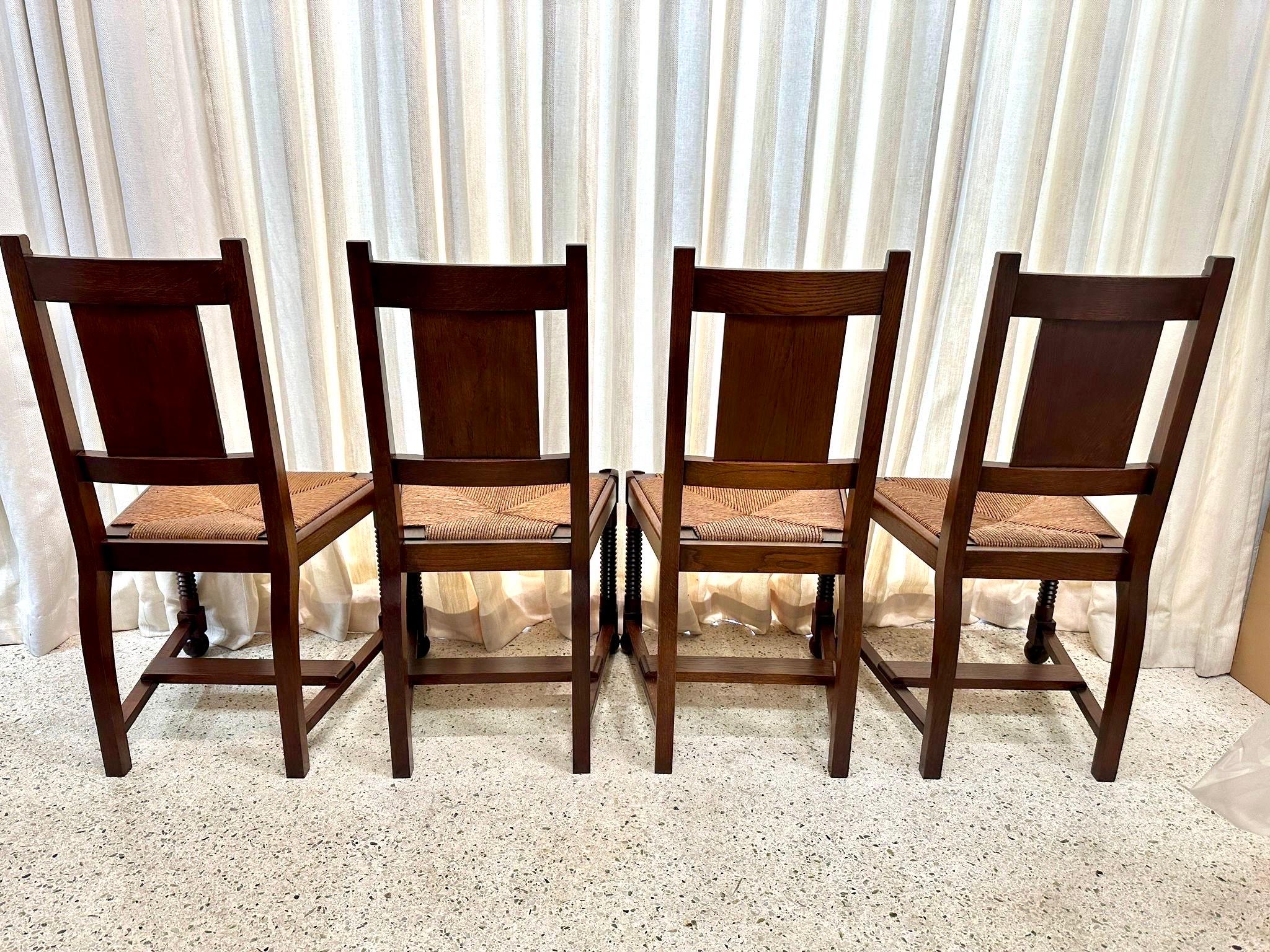 French 1940's Charles Dudouyt Oak & Rush Dining Chairs - Set of 4 For Sale 2