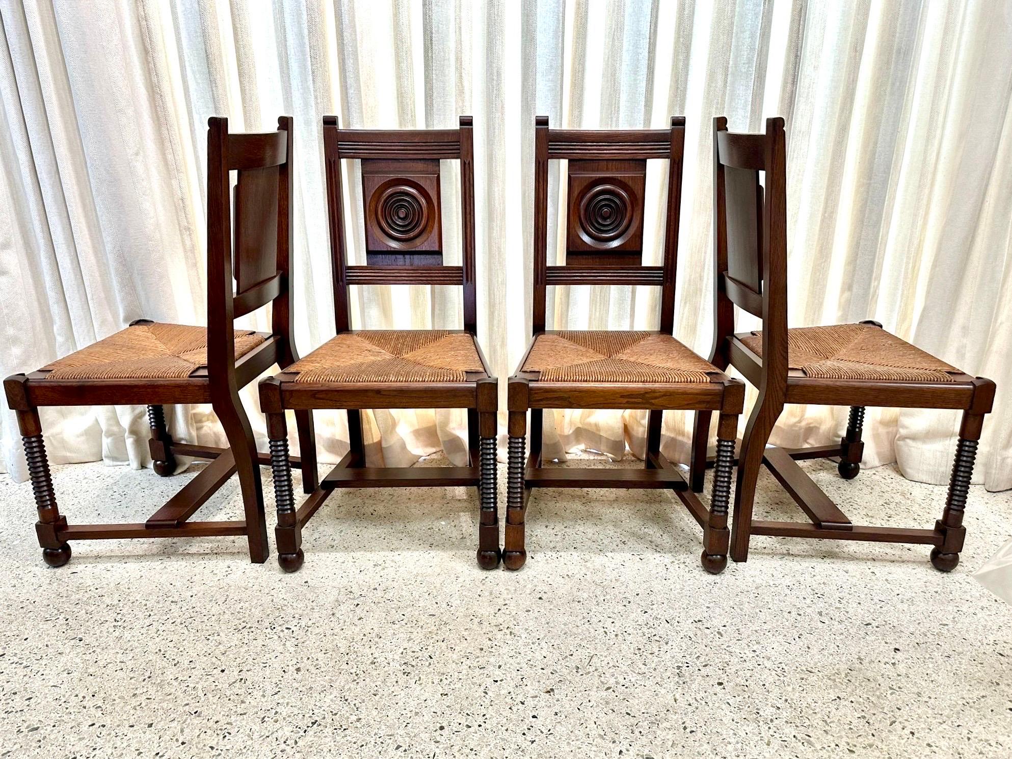 French 1940's Charles Dudouyt Oak & Rush Dining Chairs - Set of 4 For Sale 3