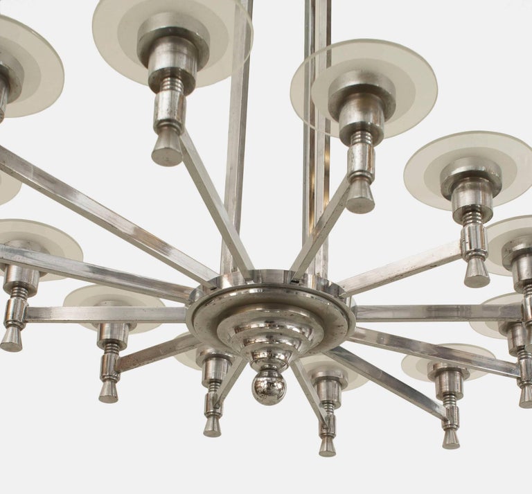 French 1940s Chrome Plated Oval Shaped Modernist 12 Arm Chandelier French 1940s Chrome Plated Oval Shaped Modernist 12 Arm Chandelier Supported By 4 Center Post Shafts