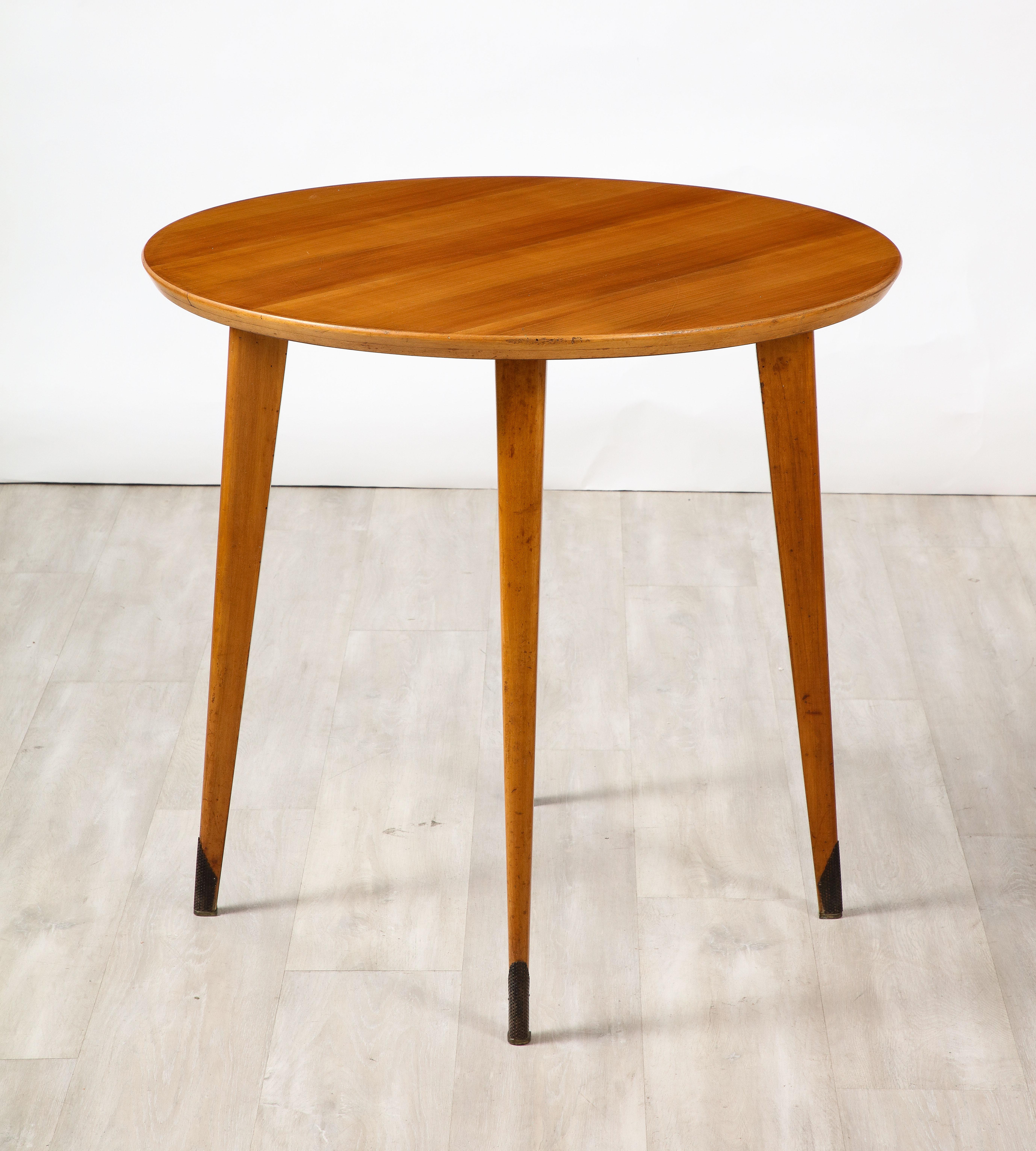 French 1940's Circular Wood Side Table with Brass Sabot For Sale 6
