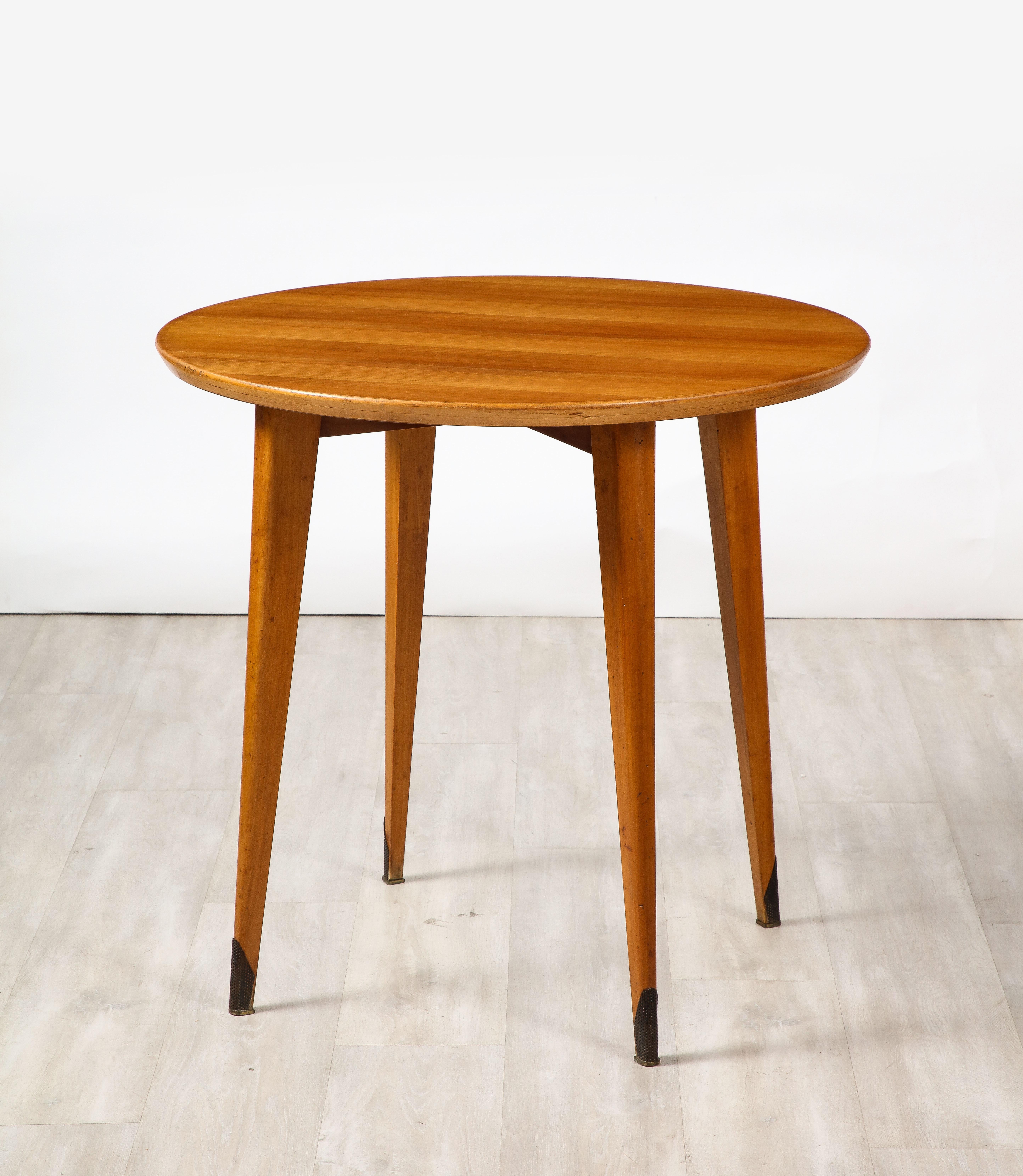Mid-20th Century French 1940's Circular Wood Side Table with Brass Sabot For Sale