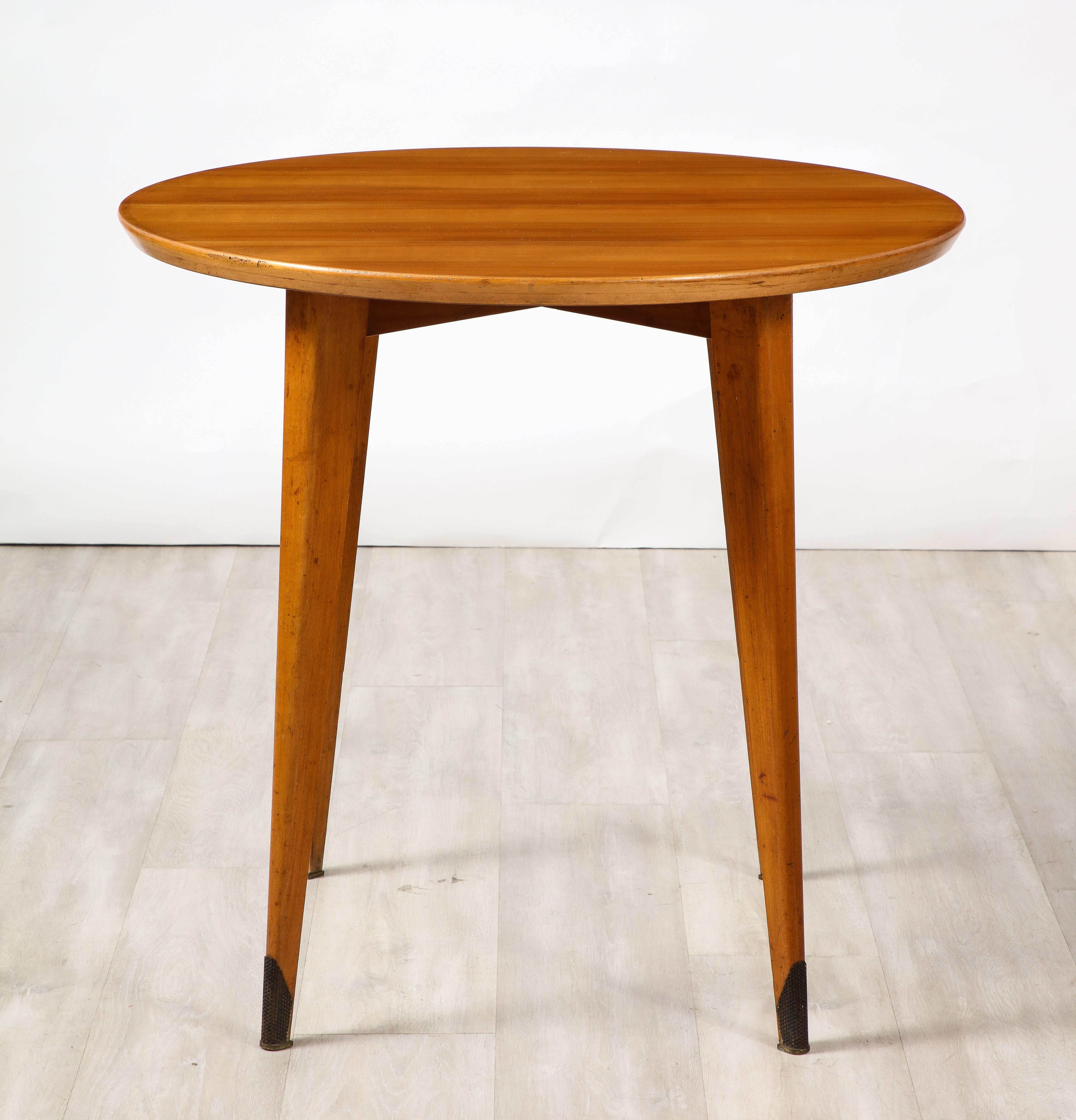 French 1940's Circular Wood Side Table with Brass Sabot For Sale 3