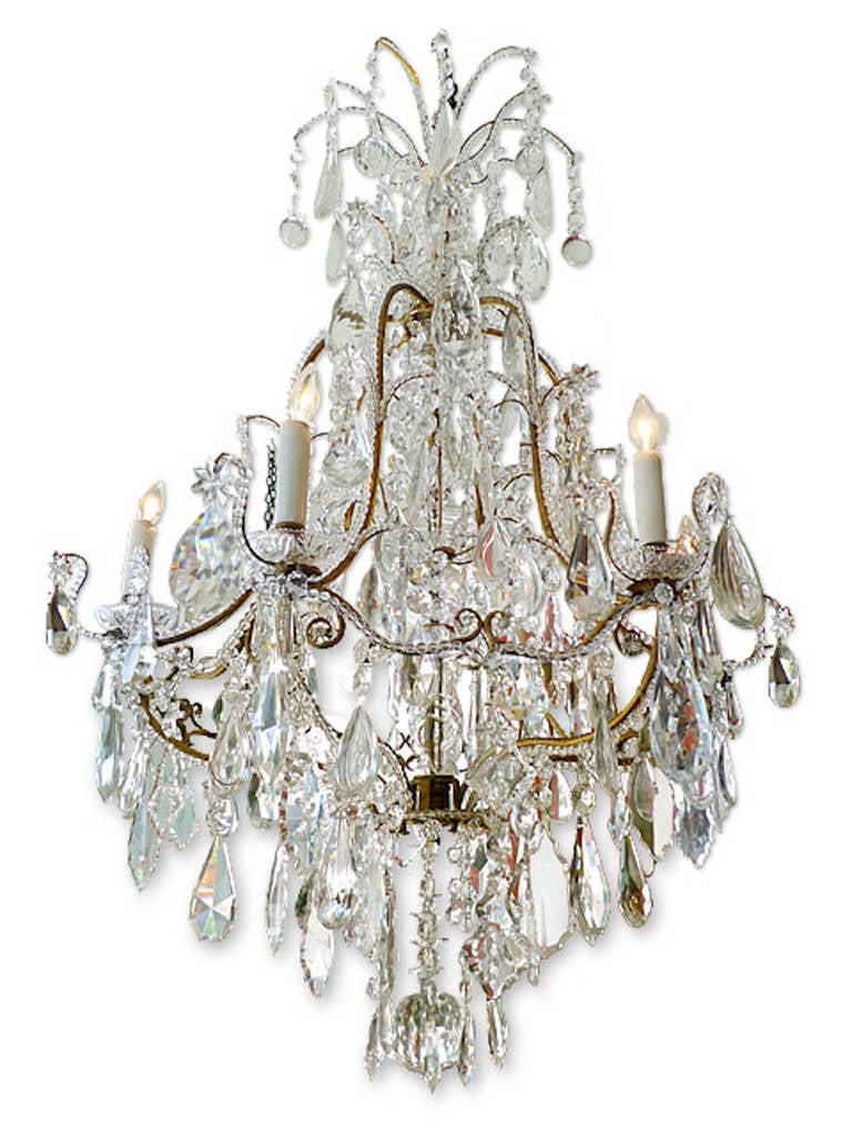French 1940s Crystal and Glass Chandelier on Iron Frame with Six Outer Lights In Good Condition In Santa Monica, CA