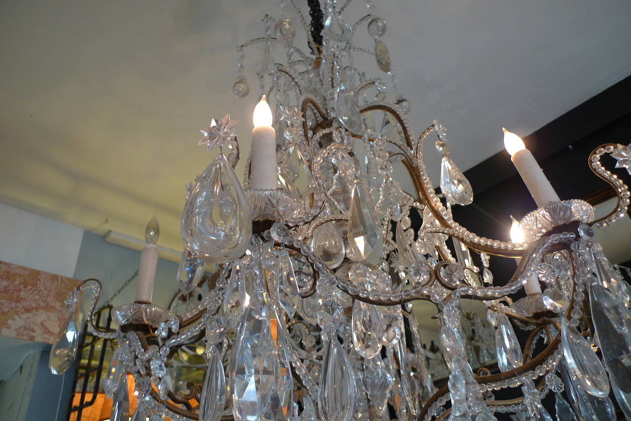 20th Century French 1940s Crystal and Glass Chandelier on Iron Frame with Six Outer Lights