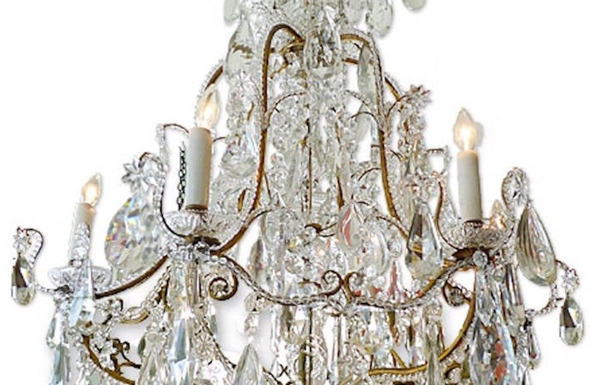 French 1940s Crystal and Glass Chandelier on Iron Frame with Six Outer Lights 1