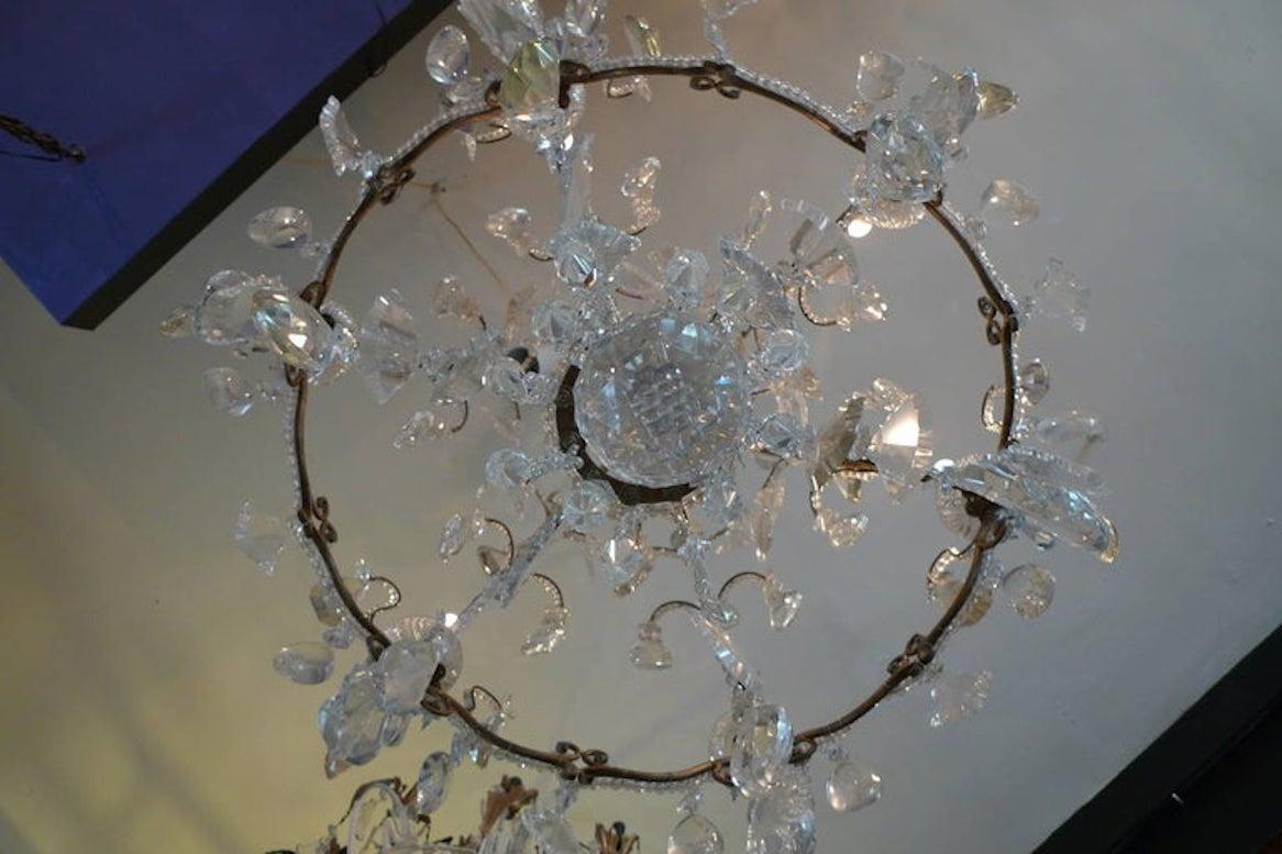 French 1940s Crystal and Glass Chandelier on Iron Frame with Six Outer Lights 2