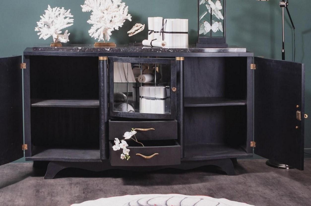 French Art Deco 1940s design black lacquered wooden and brass sideboard; amazing French workmanship, noble materials (wood structure and brass finish) 2 doors panel, with a black marble tray. Full of charm and character, harmonious and generous