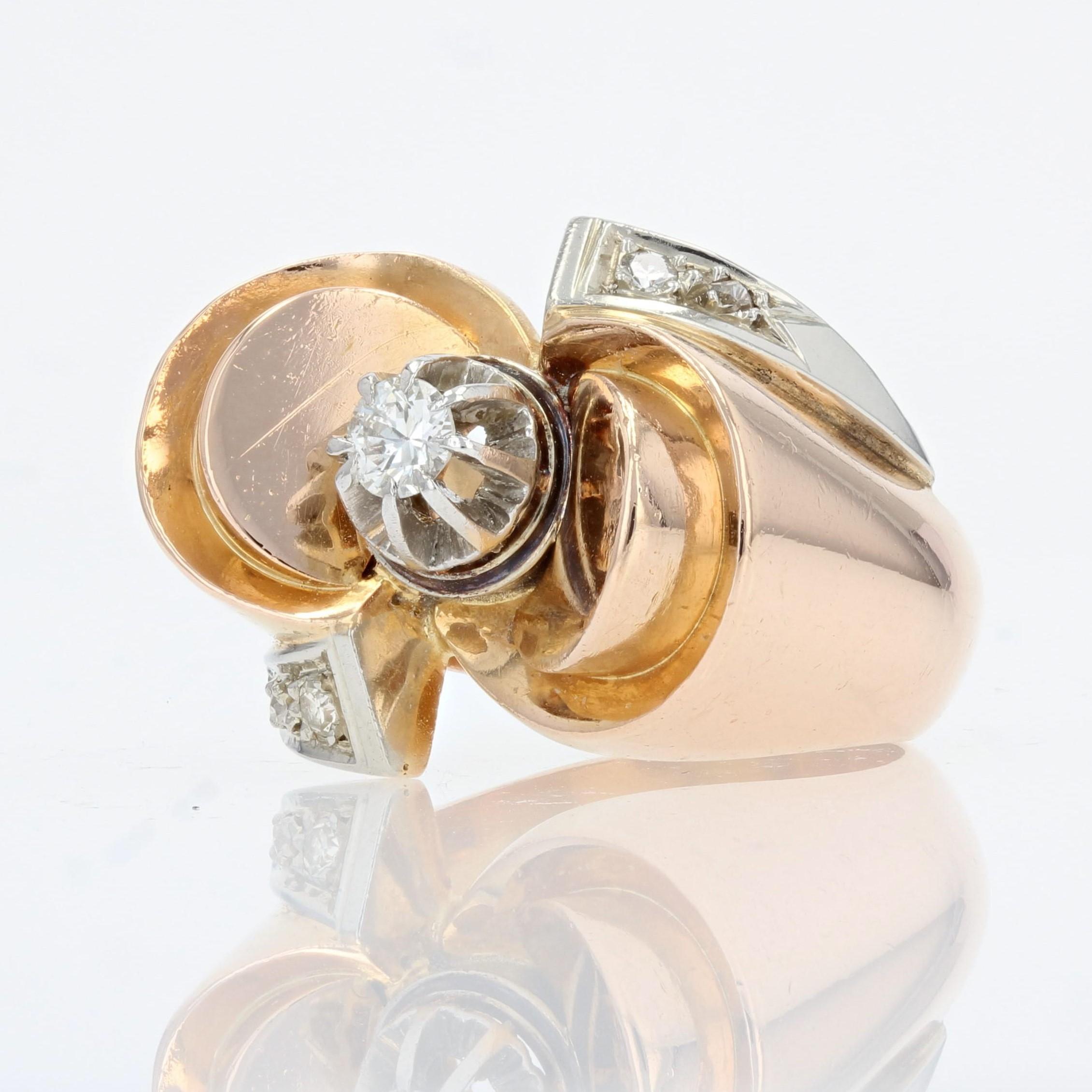 French 1940s Diamond 18 Karat Rose Gold Retro Knot Ring For Sale 2