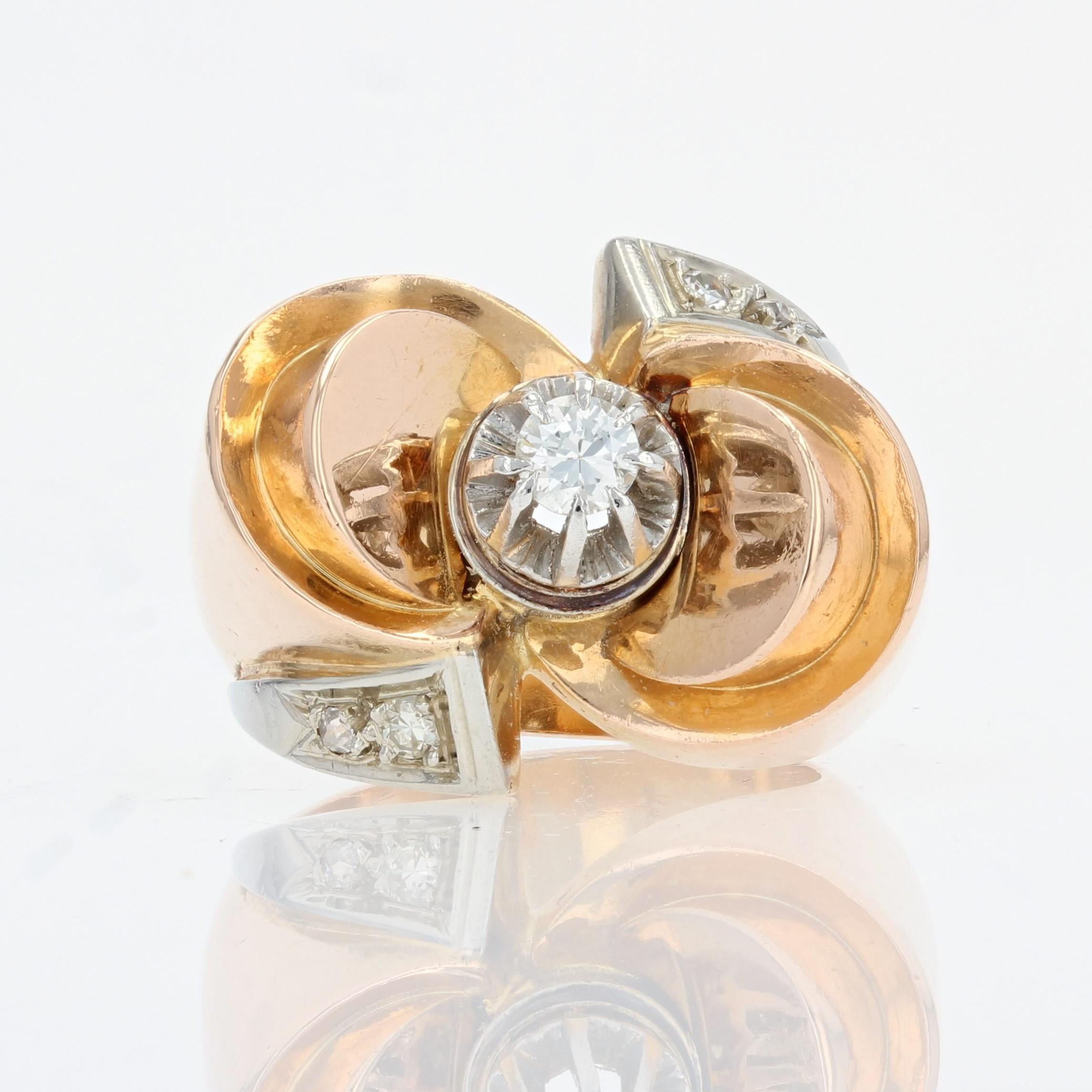 French 1940s Diamond 18 Karat Rose Gold Retro Knot Ring For Sale 5