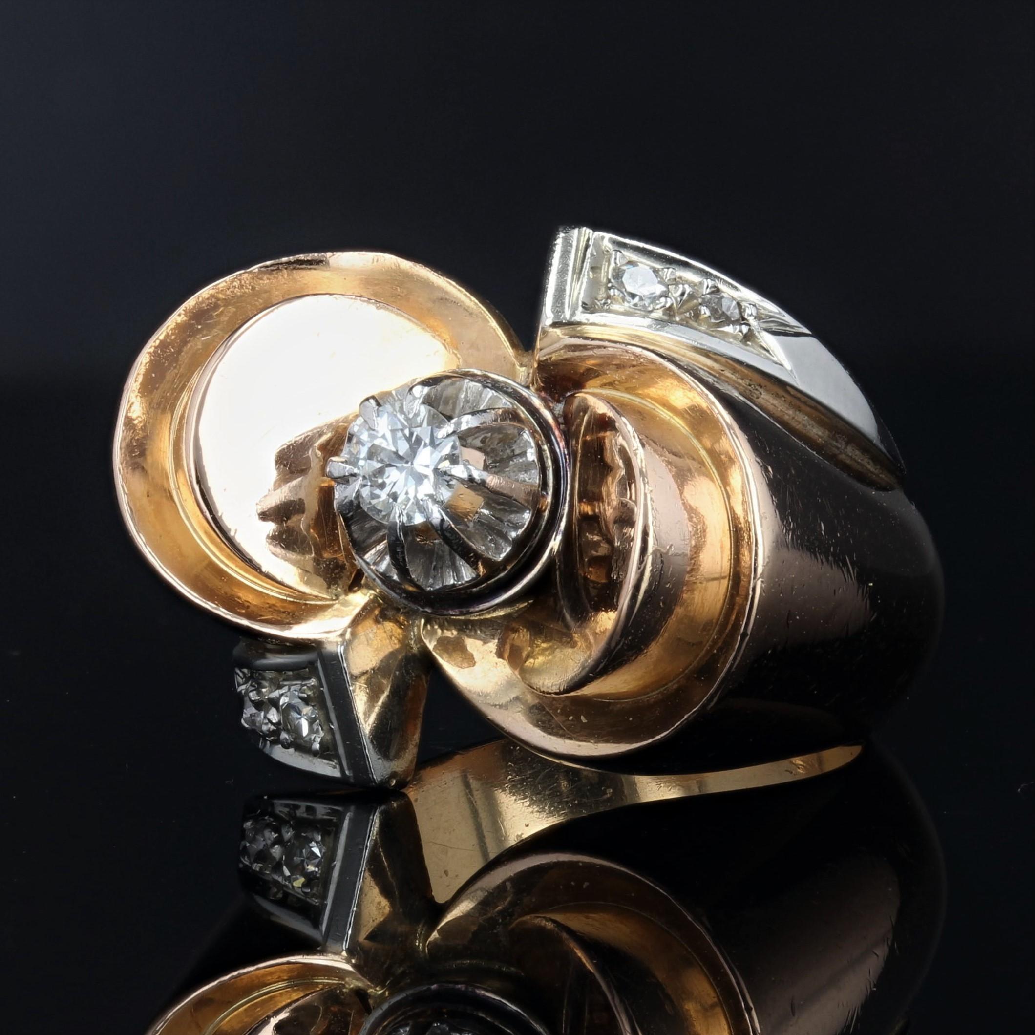 Brilliant Cut French 1940s Diamond 18 Karat Rose Gold Retro Knot Ring For Sale