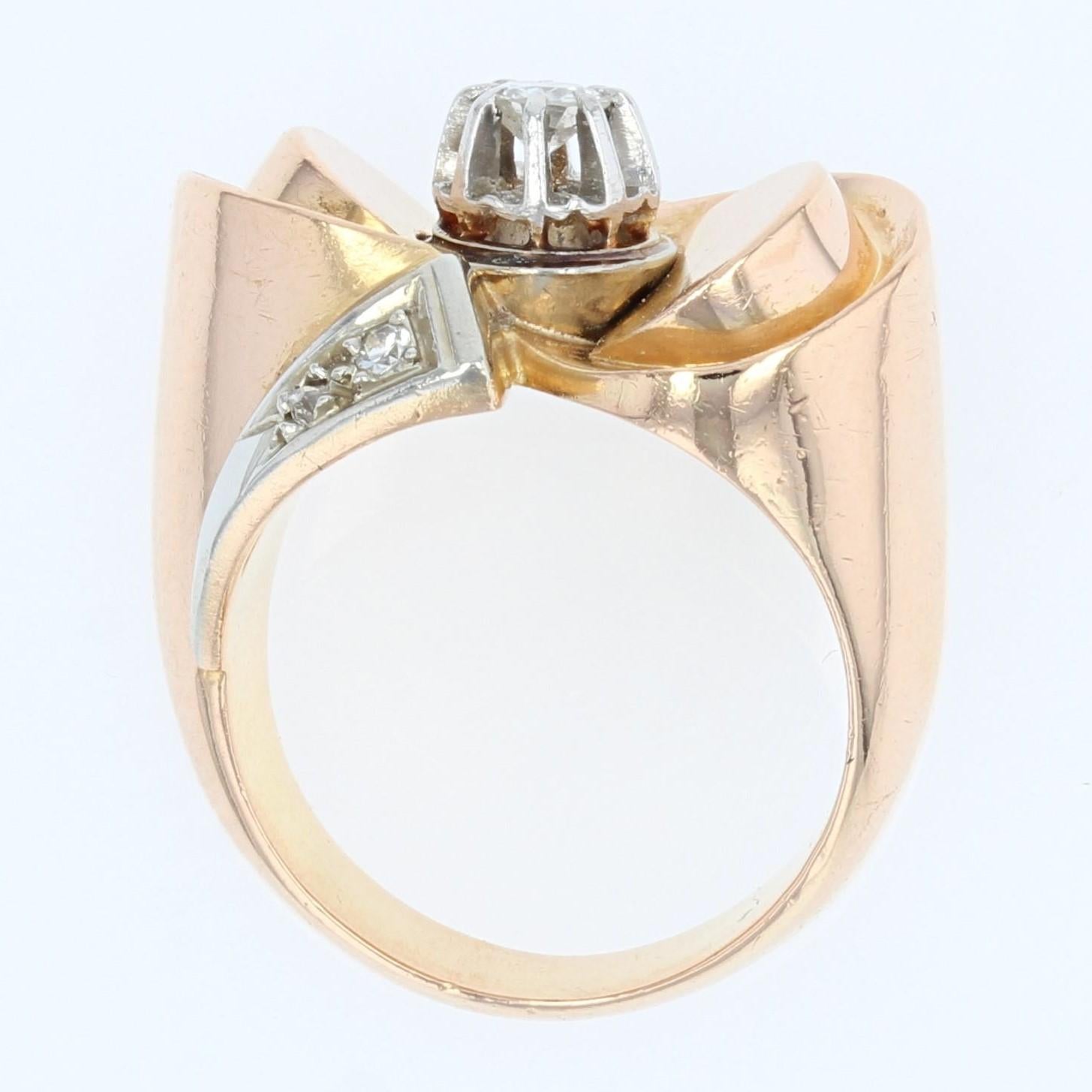 Women's French 1940s Diamond 18 Karat Rose Gold Retro Knot Ring For Sale