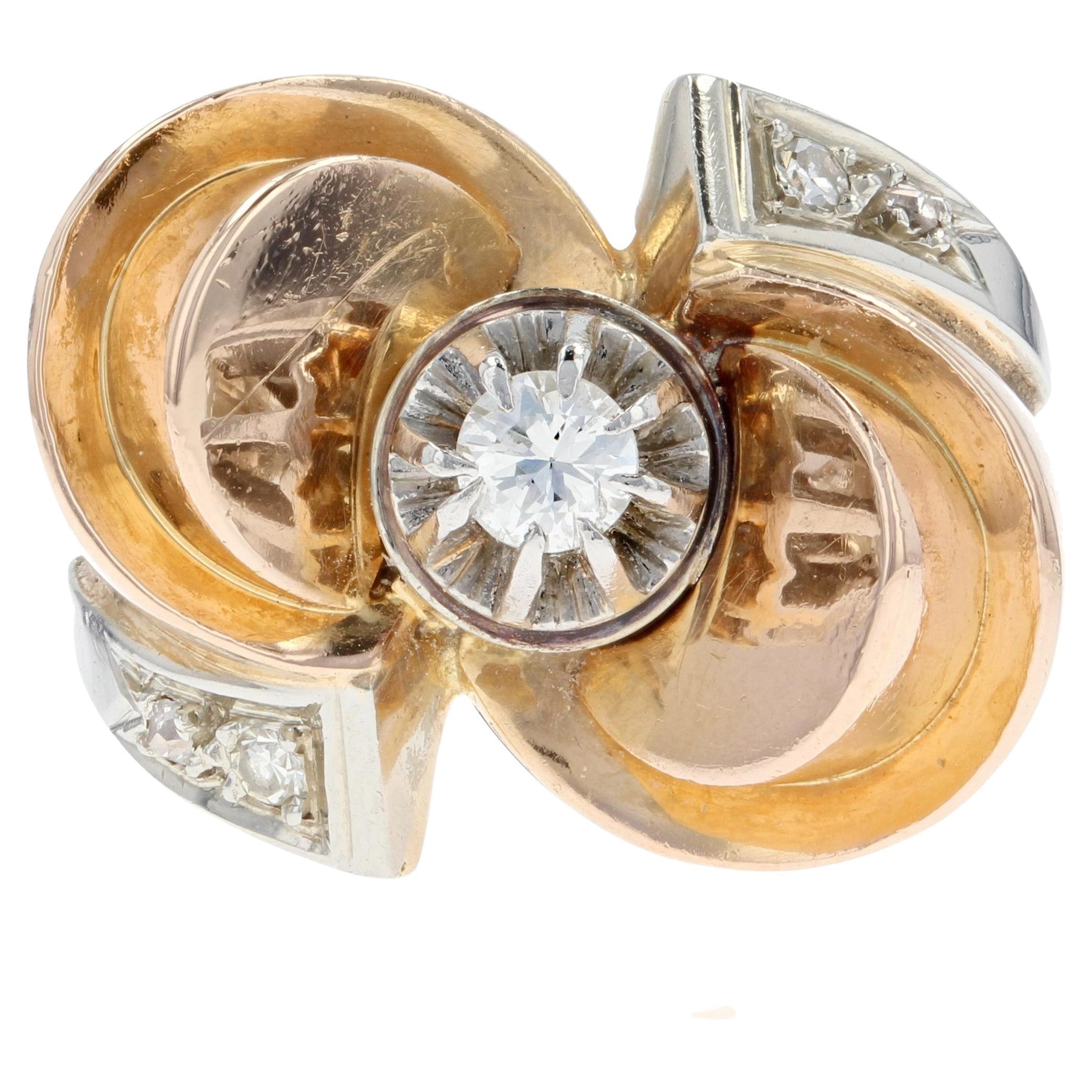 French 1940s Diamond 18 Karat Rose Gold Retro Knot Ring For Sale