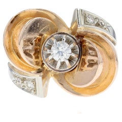 French 1940s Diamond 18 Karat Rose Gold Retro Knot Ring