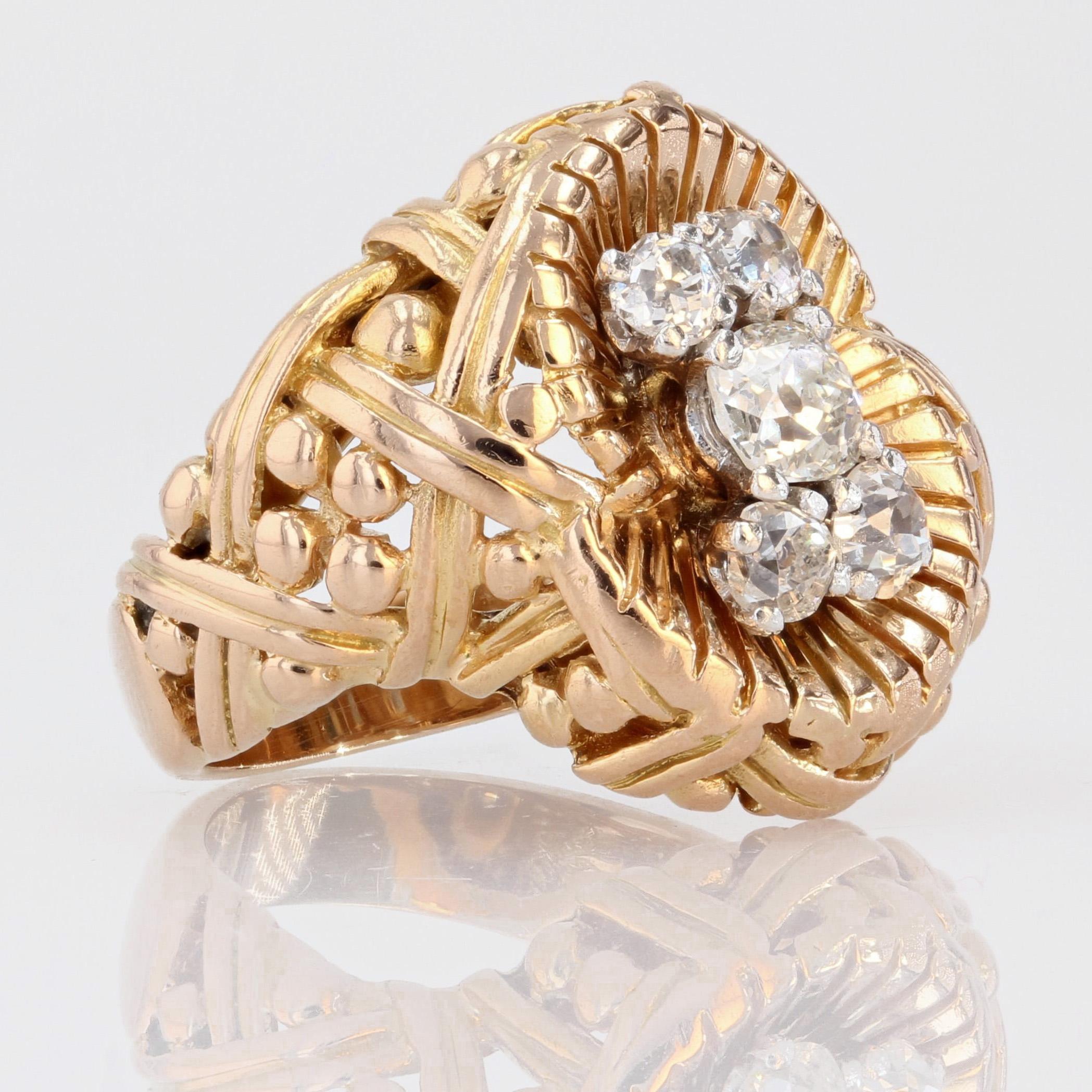 French 1940s Diamond 18 Karat Yellow Braided Gold Retro Ring For Sale 2