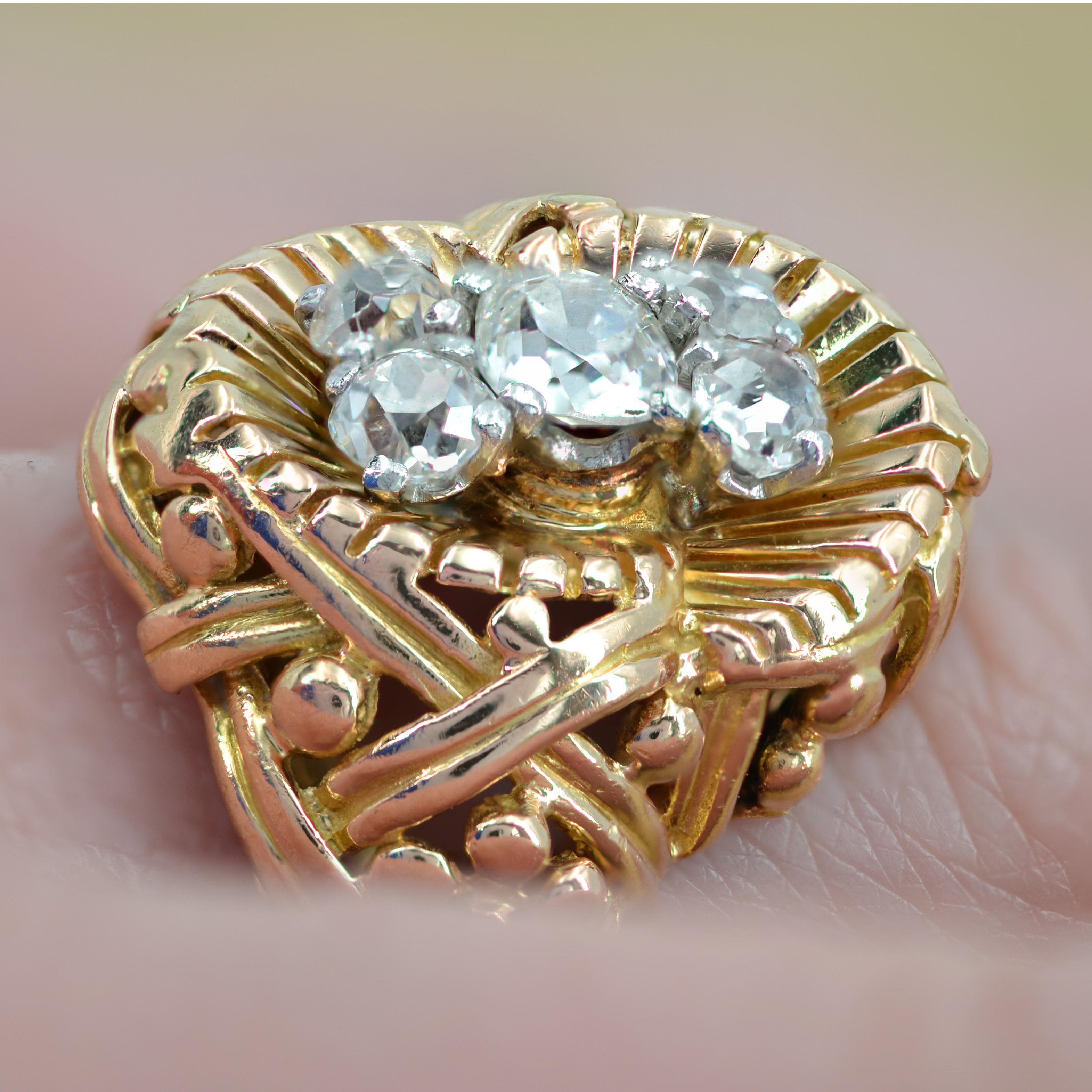 French 1940s Diamond 18 Karat Yellow Braided Gold Retro Ring For Sale 3