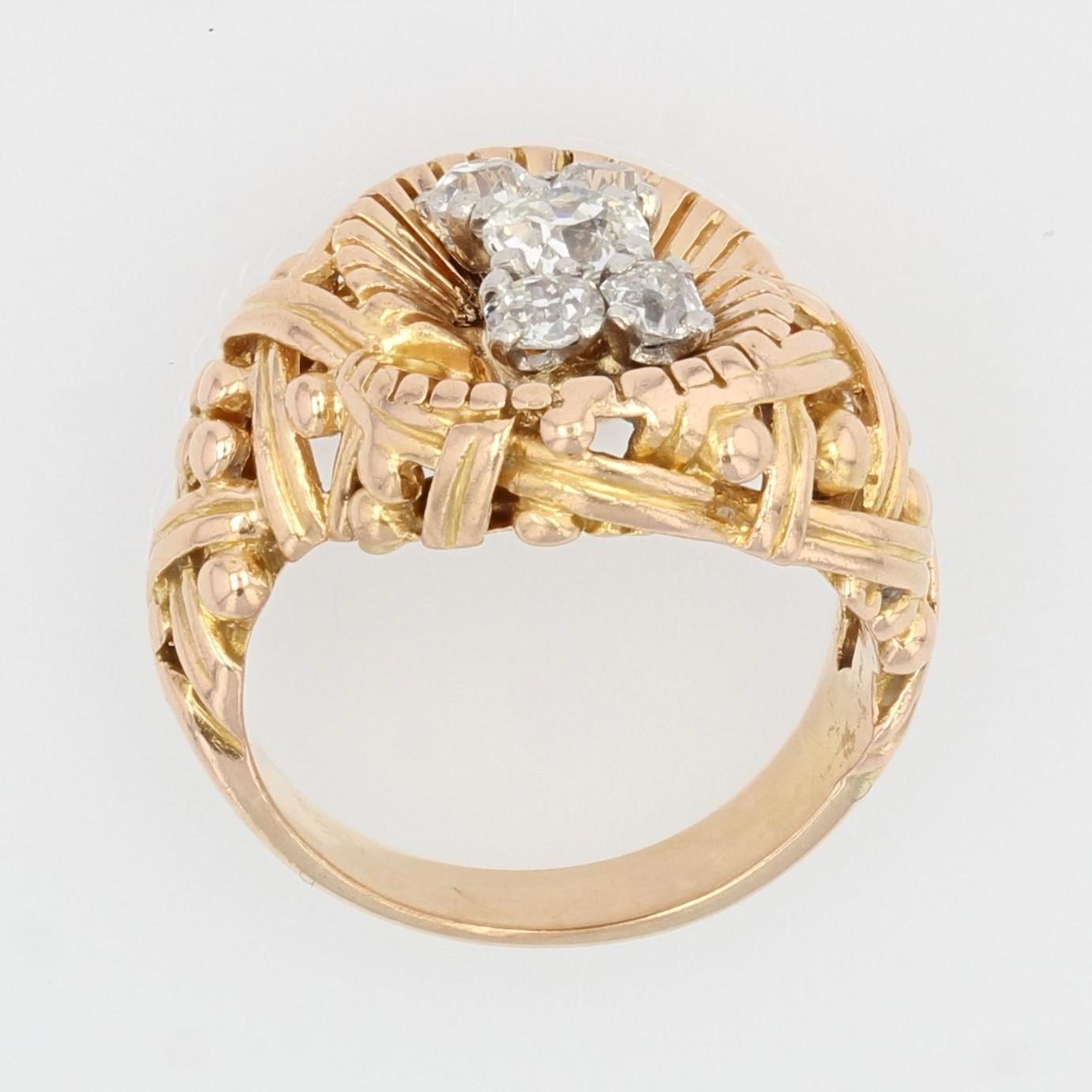 French 1940s Diamond 18 Karat Yellow Braided Gold Retro Ring For Sale 6