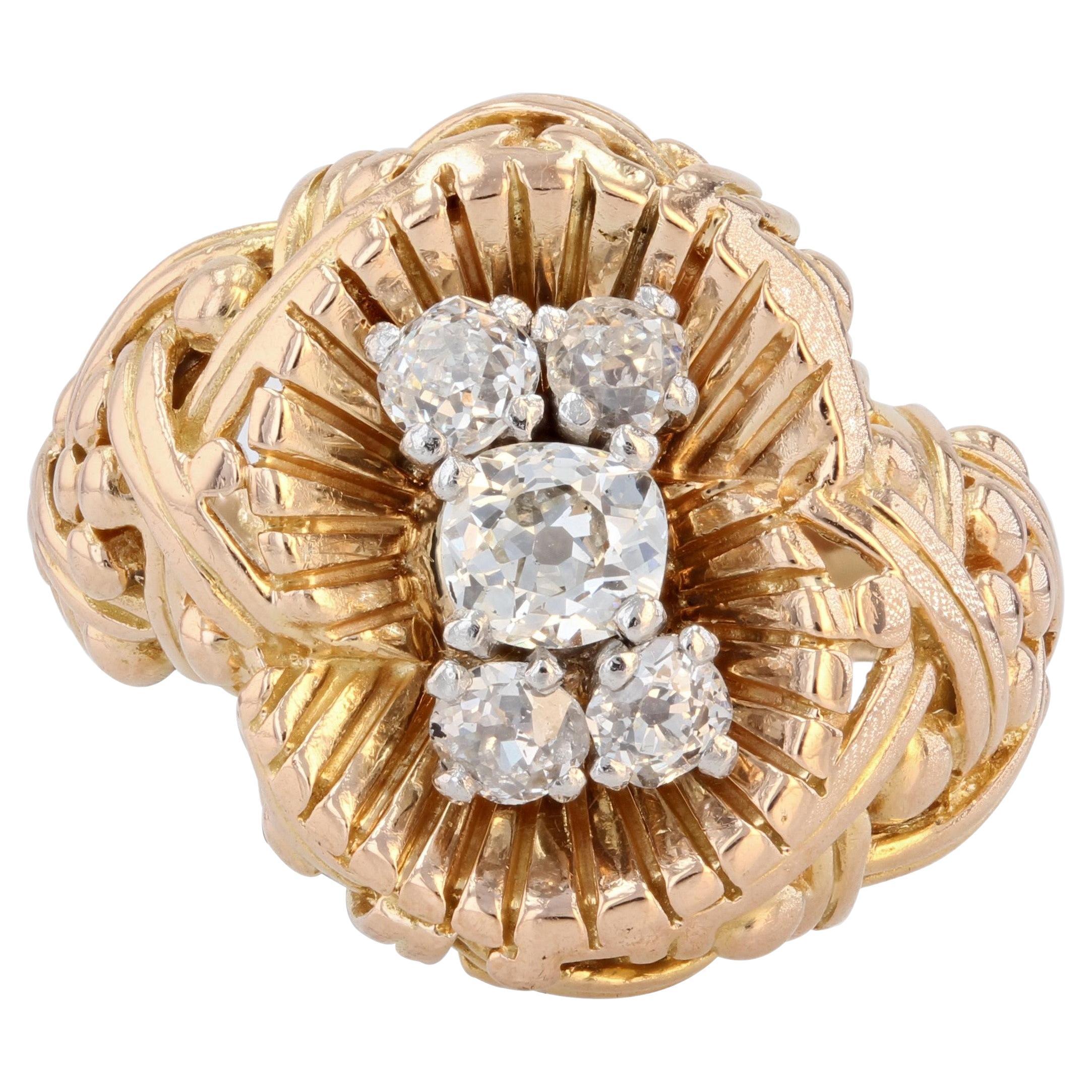 French 1940s Diamond 18 Karat Yellow Braided Gold Retro Ring For Sale