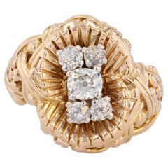 French 1940s Diamond 18 Karat Yellow Braided Gold Retro Ring