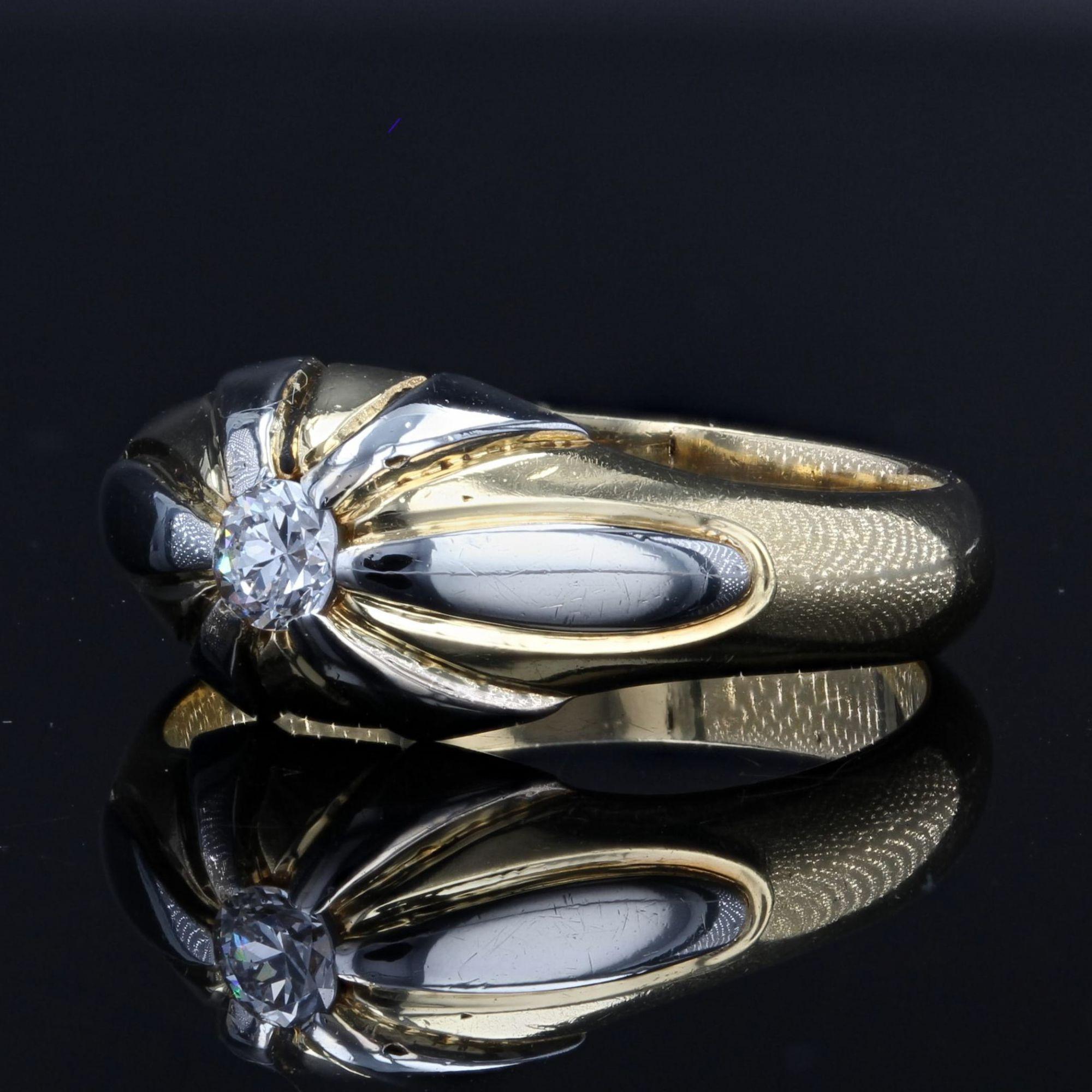 Brilliant Cut French 1940s Diamond 18 Karat Yellow Gold Platinum Bangle Ring For Sale