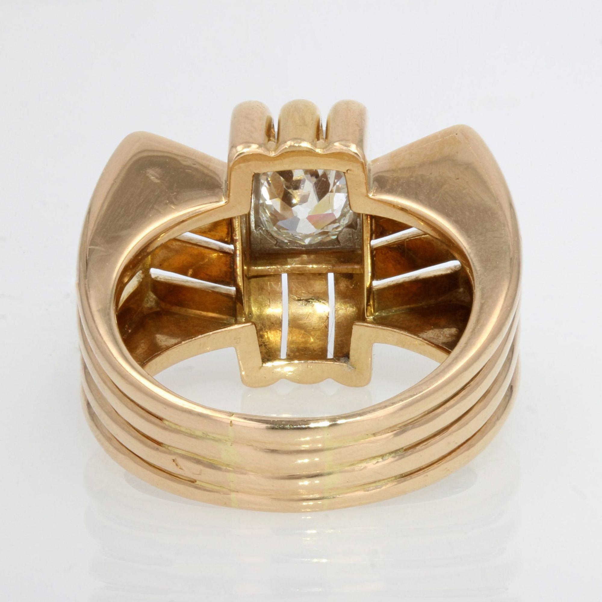French 1940s Diamond 18 Karat Yellow Gold Platinum Knot Tank Ring 4