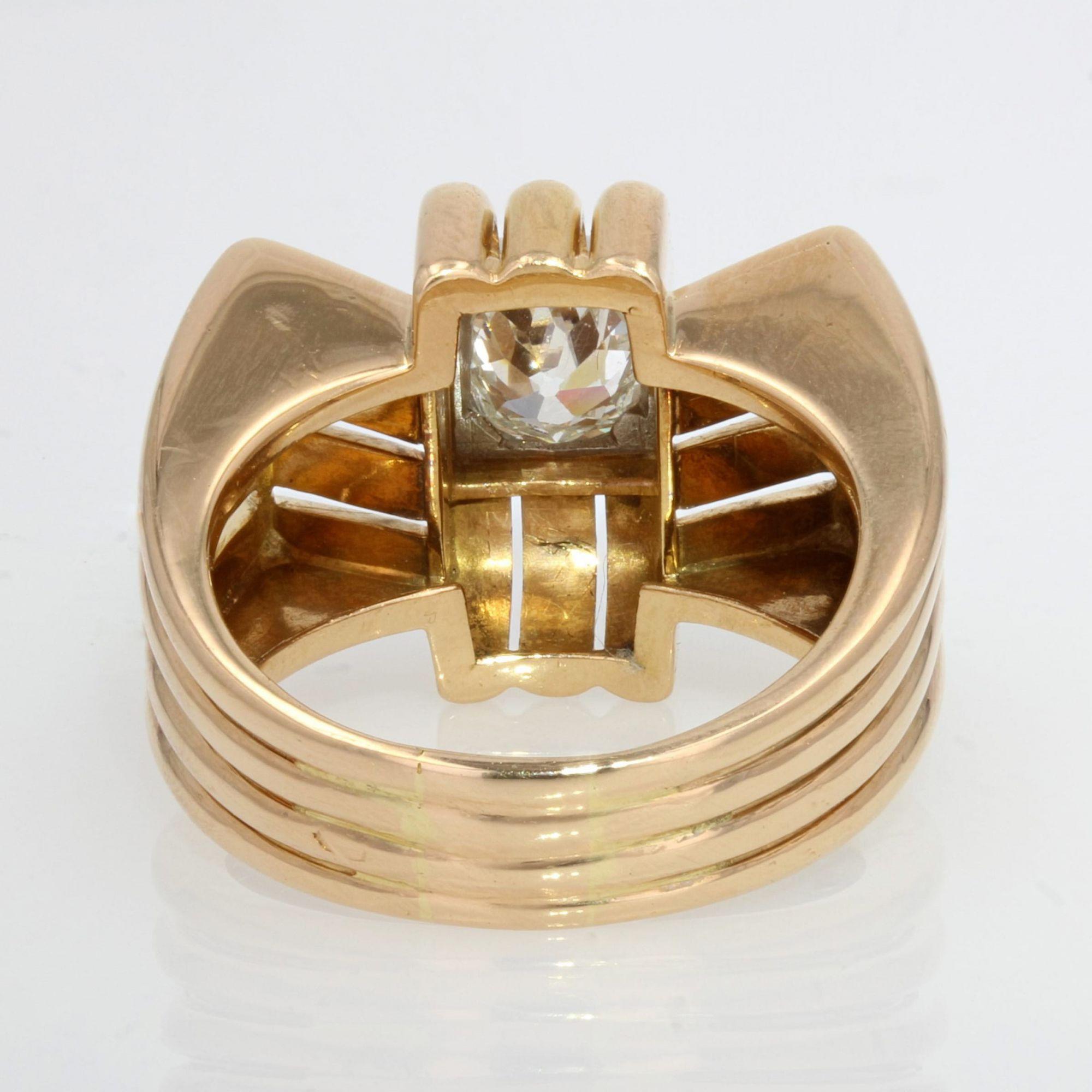 Franzsischer 18 Karat Gelbgold Platin Knoten-Tankring mit Diamanten, 1940er Jahre 4