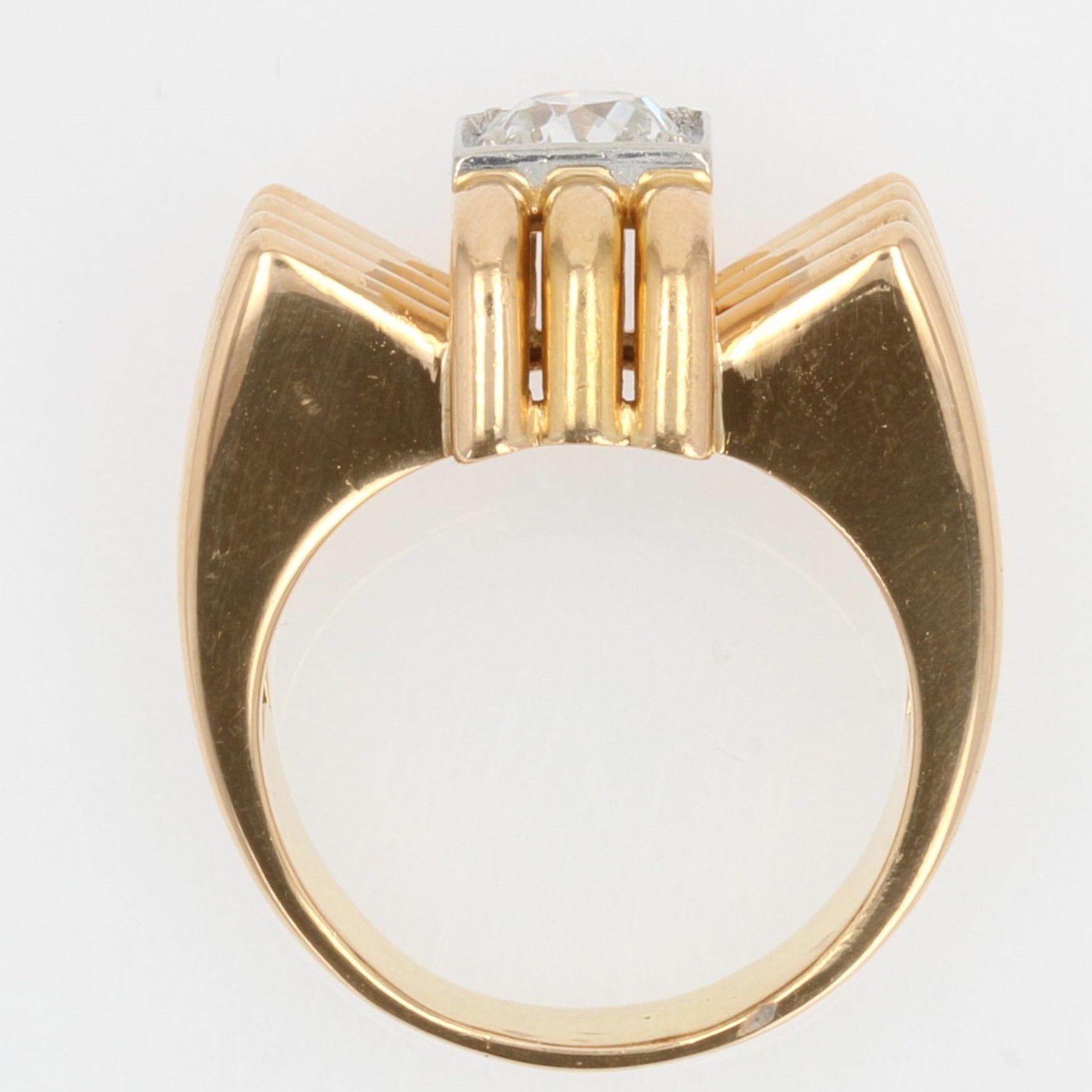 French 1940s Diamond 18 Karat Yellow Gold Platinum Knot Tank Ring 5