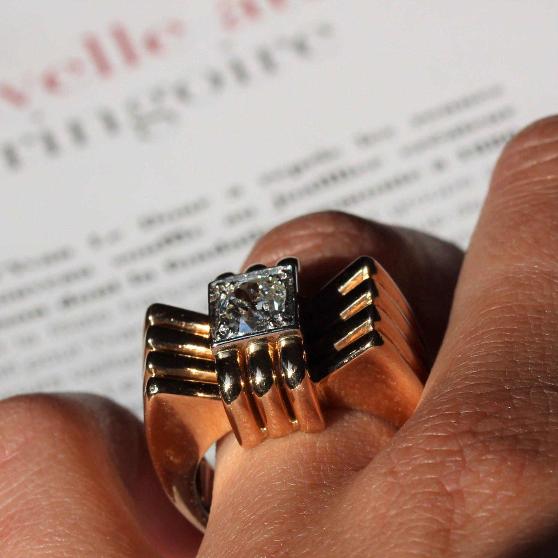 Franzsischer 18 Karat Gelbgold Platin Knoten-Tankring mit Diamanten, 1940er Jahre 6