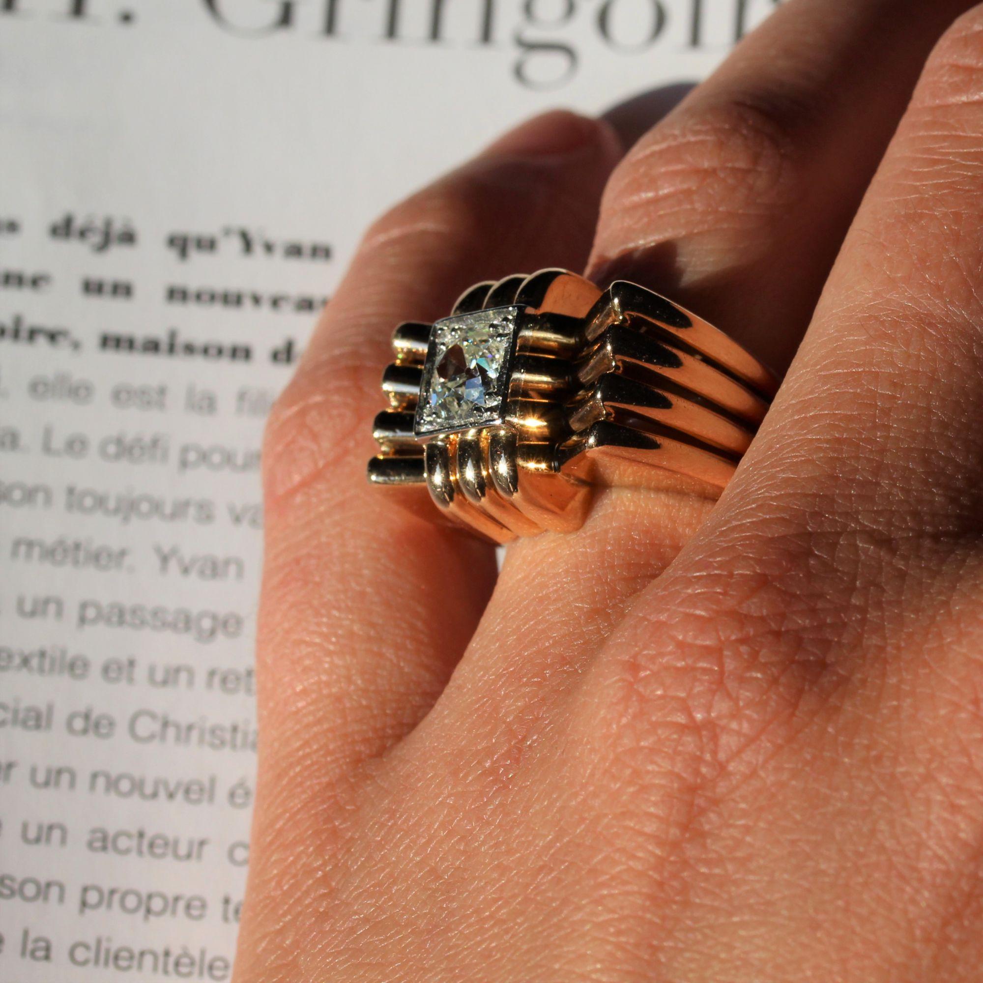 Franzsischer 18 Karat Gelbgold Platin Knoten-Tankring mit Diamanten, 1940er Jahre 10