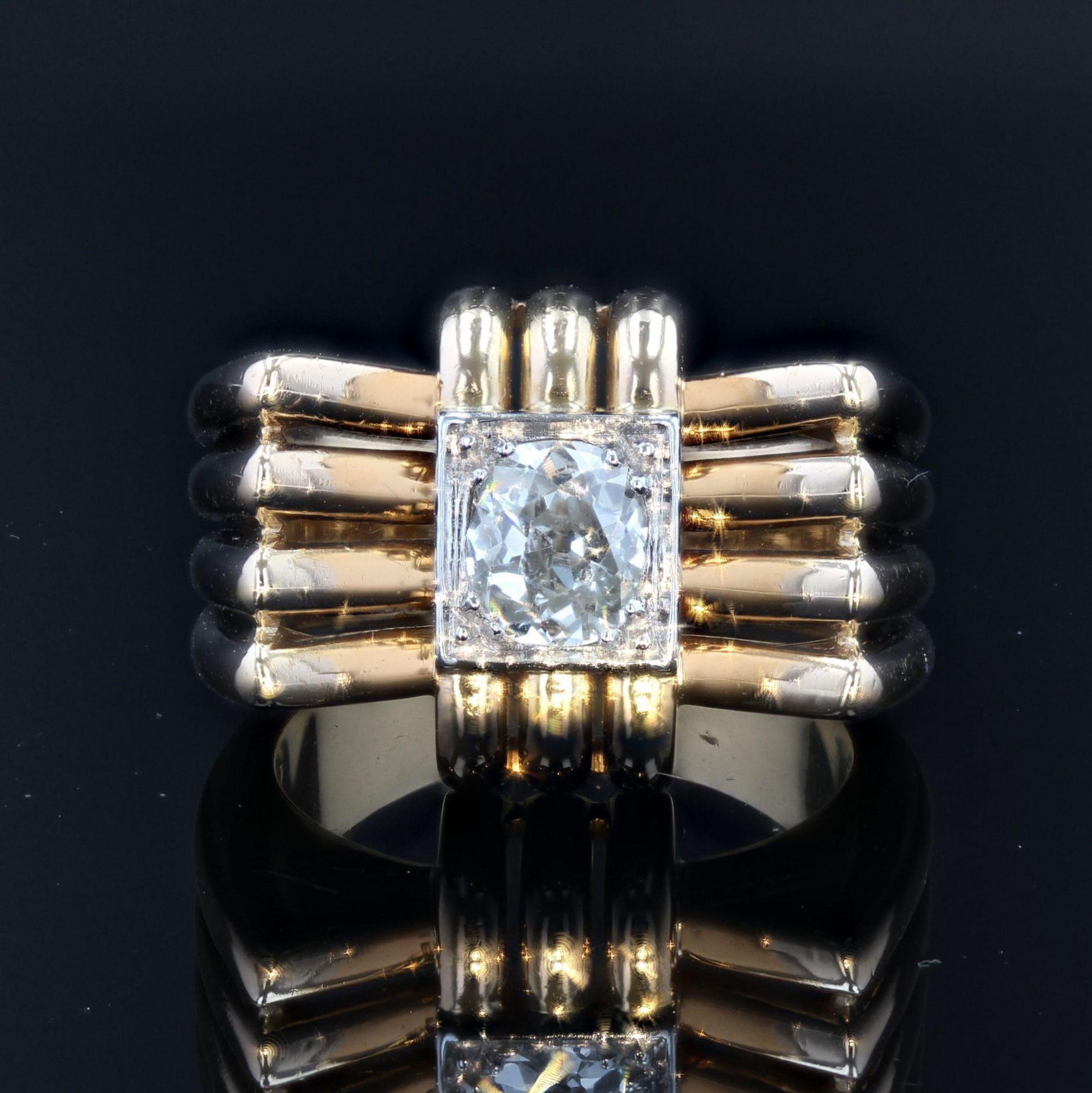 Retro French 1940s Diamond 18 Karat Yellow Gold Platinum Knot Tank Ring