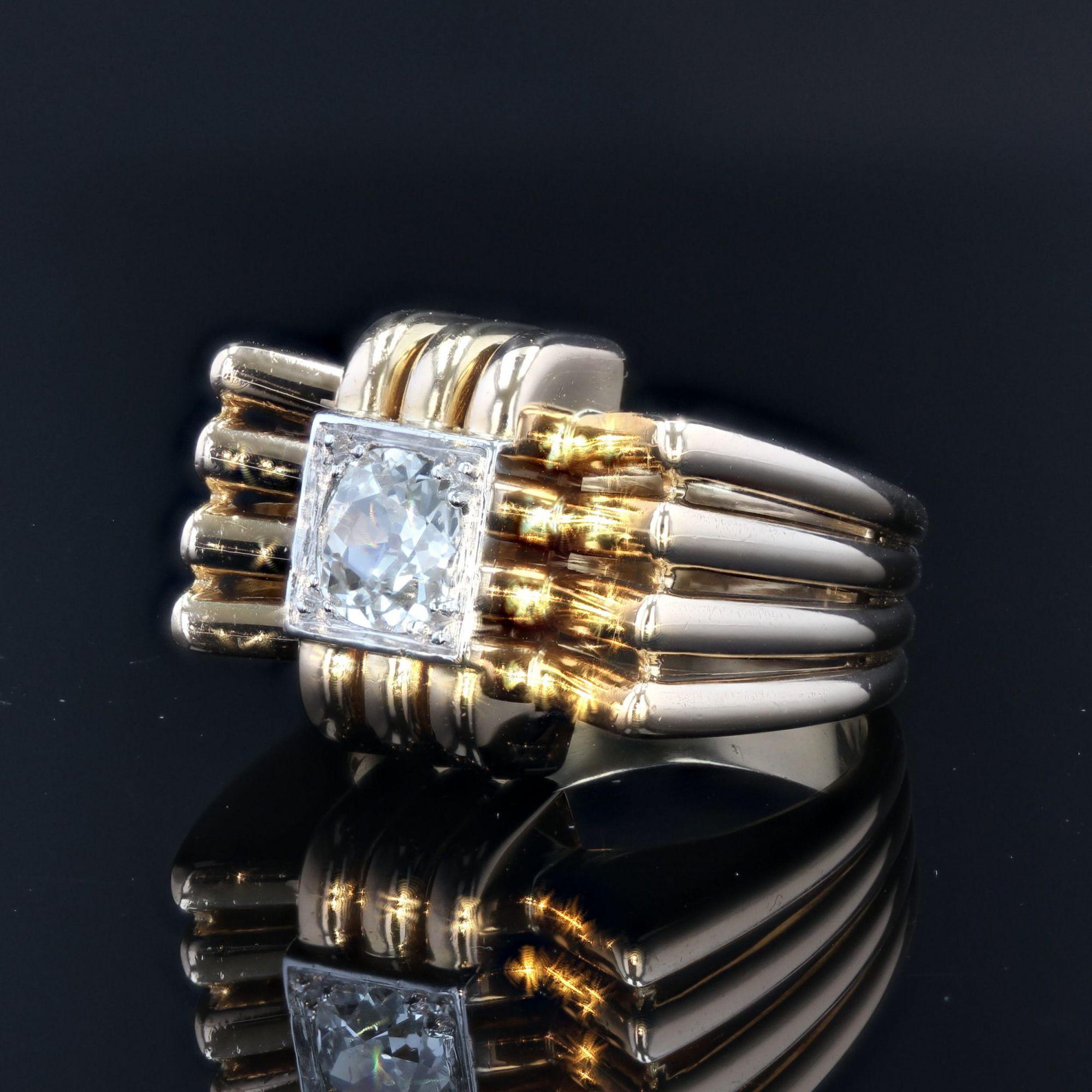 Brilliant Cut French 1940s Diamond 18 Karat Yellow Gold Platinum Knot Tank Ring